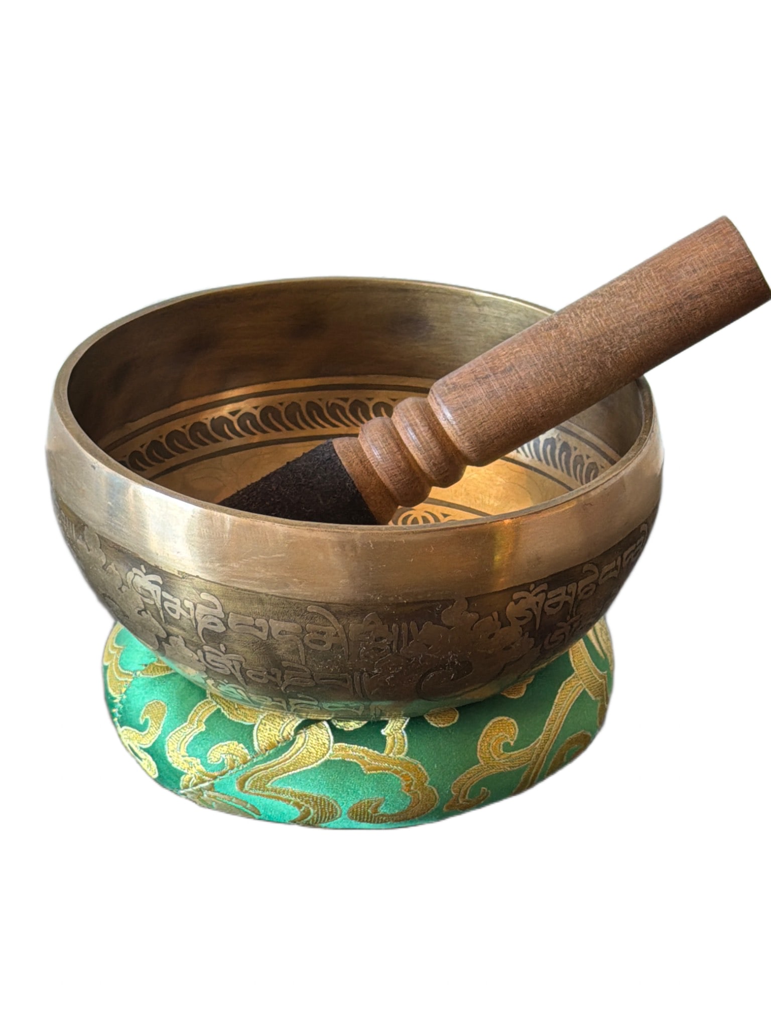Etched Brass Singing Bowl with Wooden Mallet and Cushion (1 of 3)