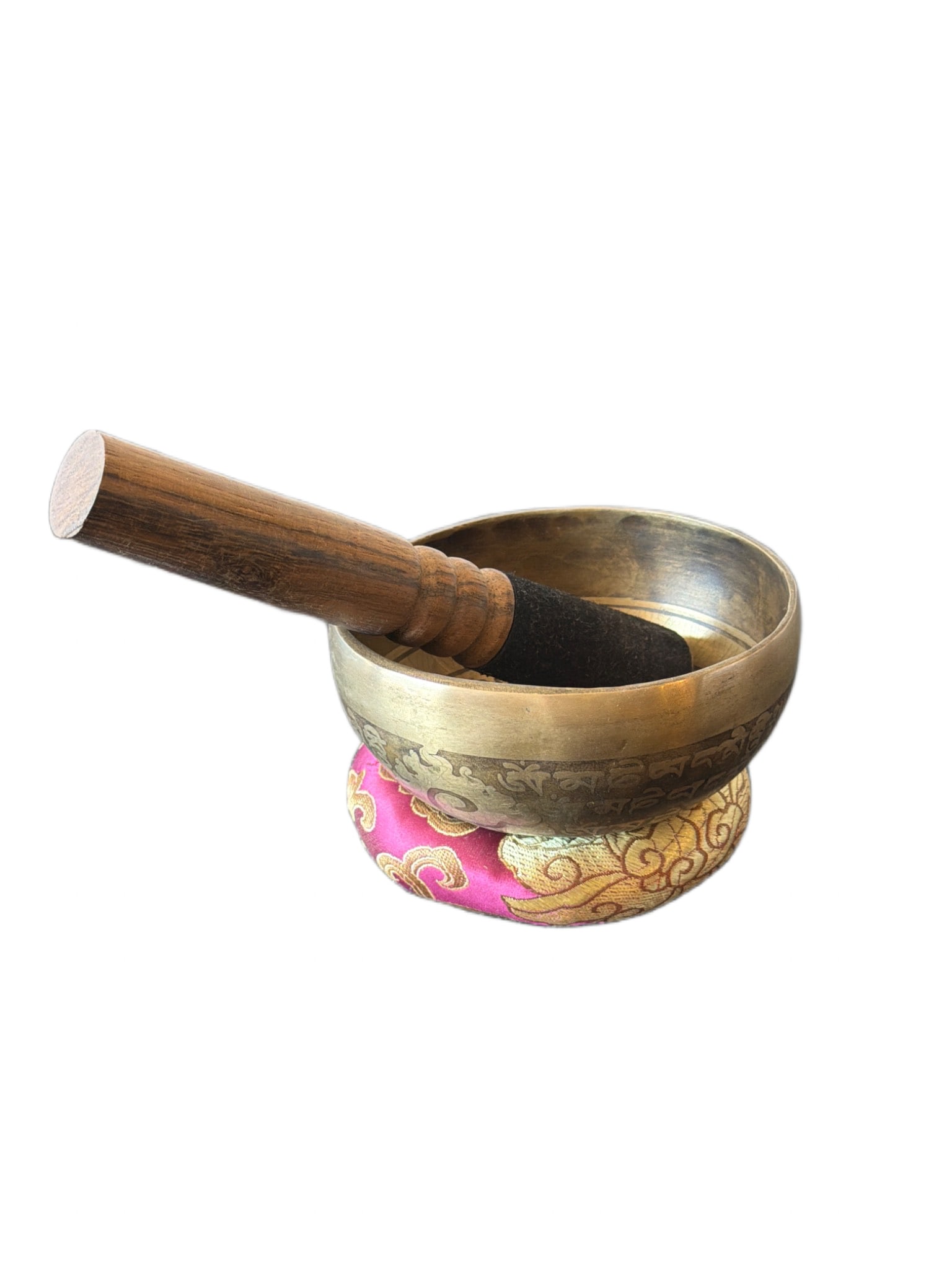 Engraved Brass Singing Bowl with Wooden Striker and Cushion (1 of 3)