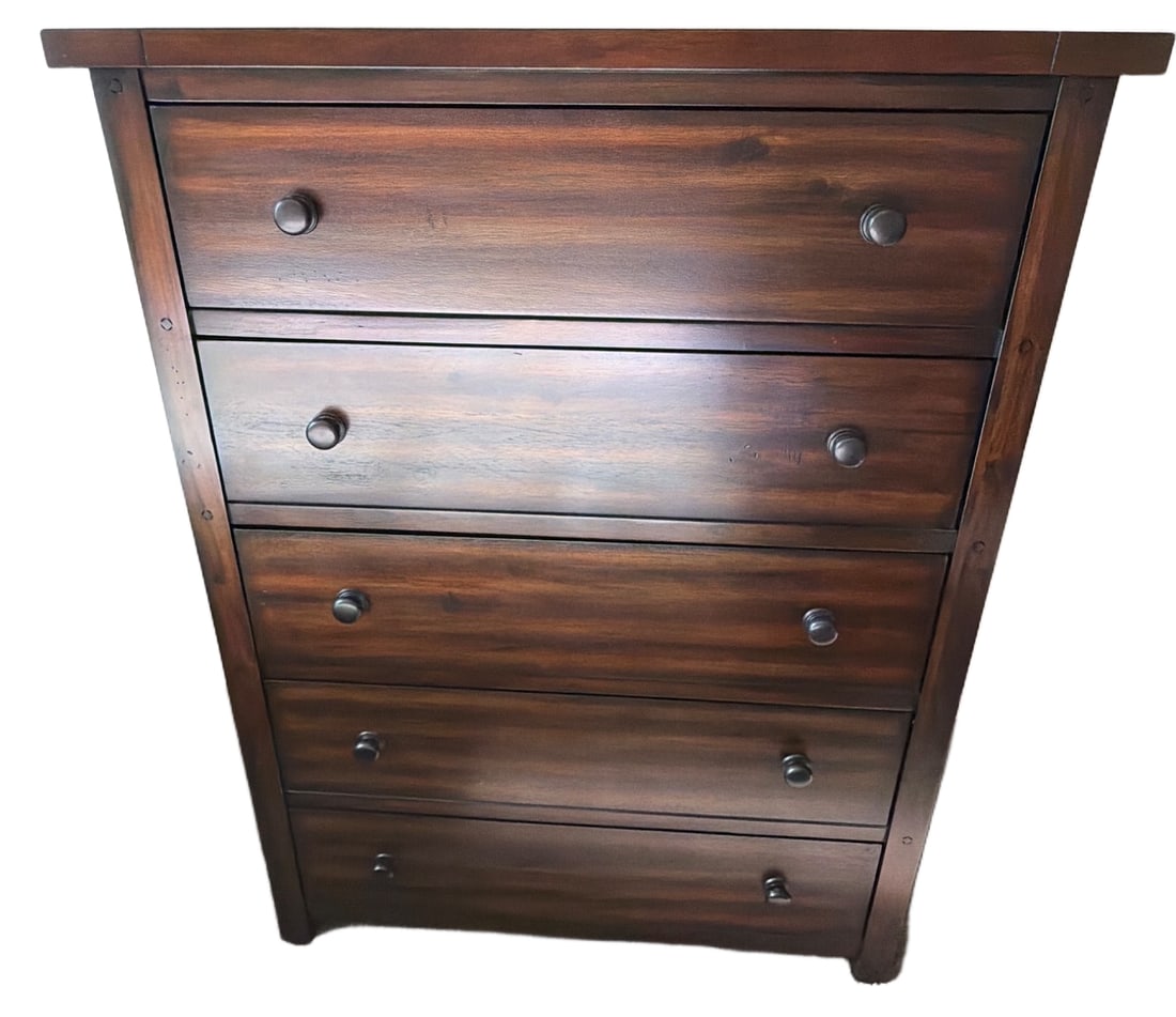 Dark Wood Chest of Five Drawers, Model 600-CH, Made in Vietnam: Dark wood chest featuring five drawers with round metal knobs. The chest has a slightly flared shape and paneled side accents. Label on the back indicates 'Made in Vietnam' and model number '600-CH.'