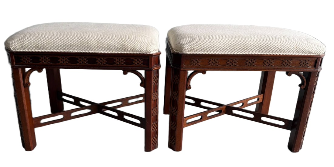 Wood Stools with Upholstered Seats and Decorative Carving (1 of 4)