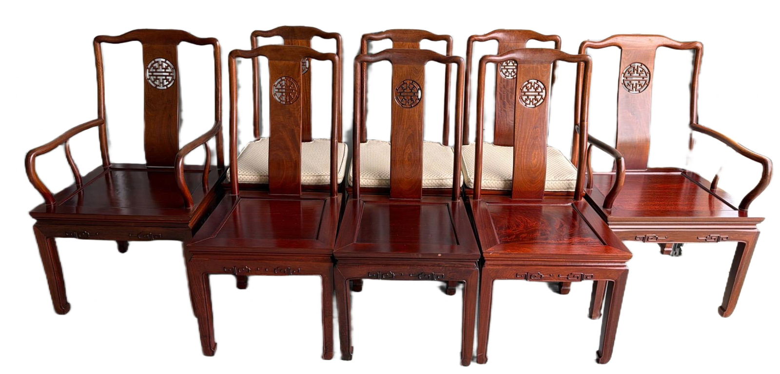 Eight Hong Kong-Made Carved Wood Dining Chairs with Custom Cushions – Rosewood (1 of 6)