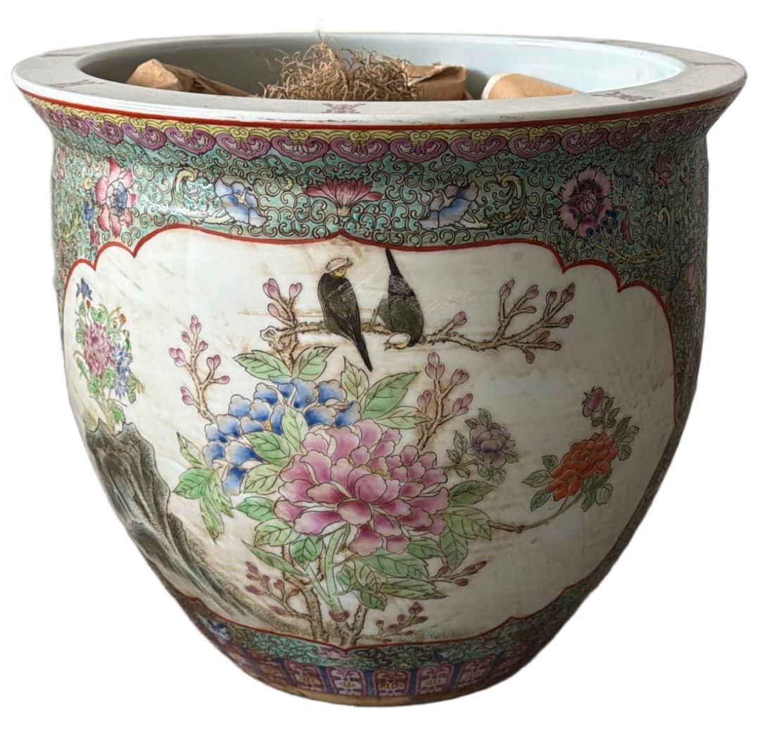 Chinese Porcelain Fish Bowl with Floral and Bird Motif (1 of 2)