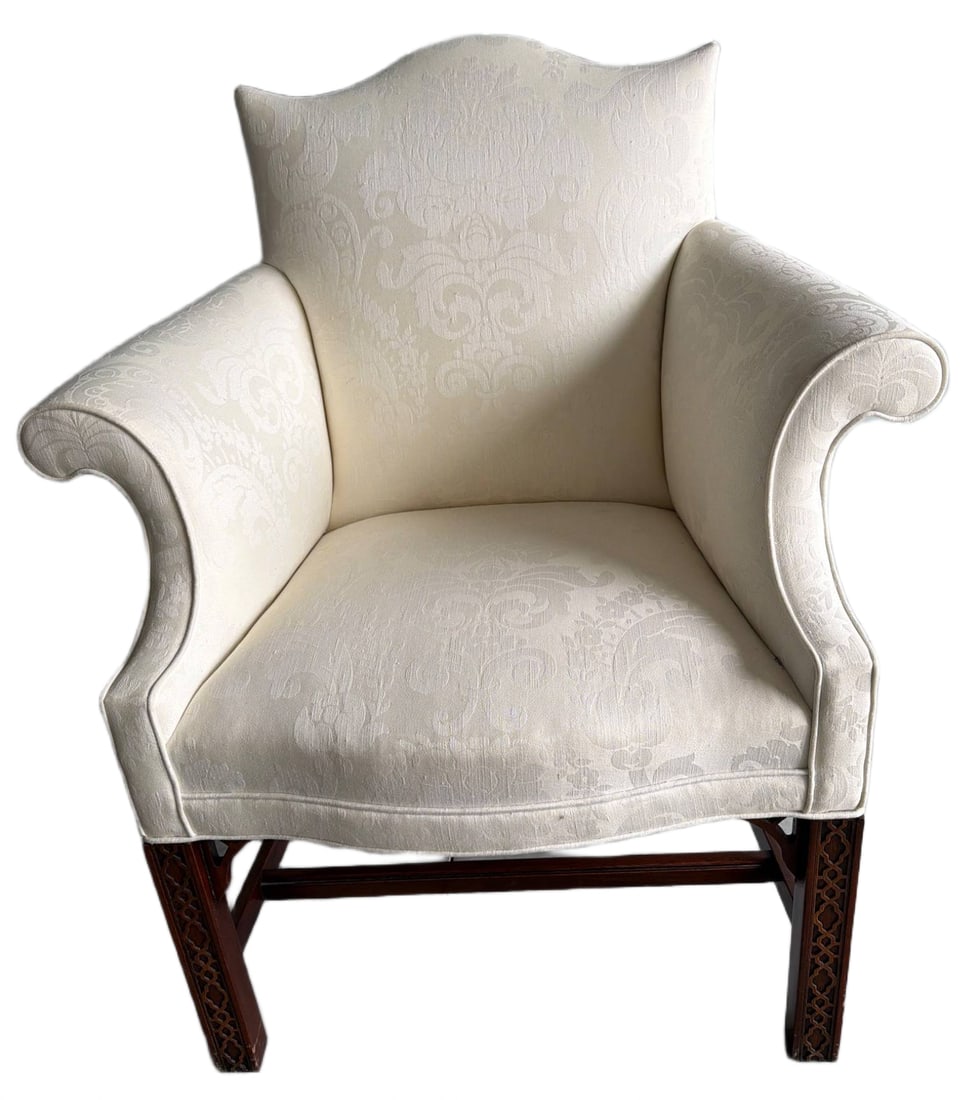 Upholstered Armchair with Ornate Wooden Legs and Ivory Patterned Fabric (1 of 3)