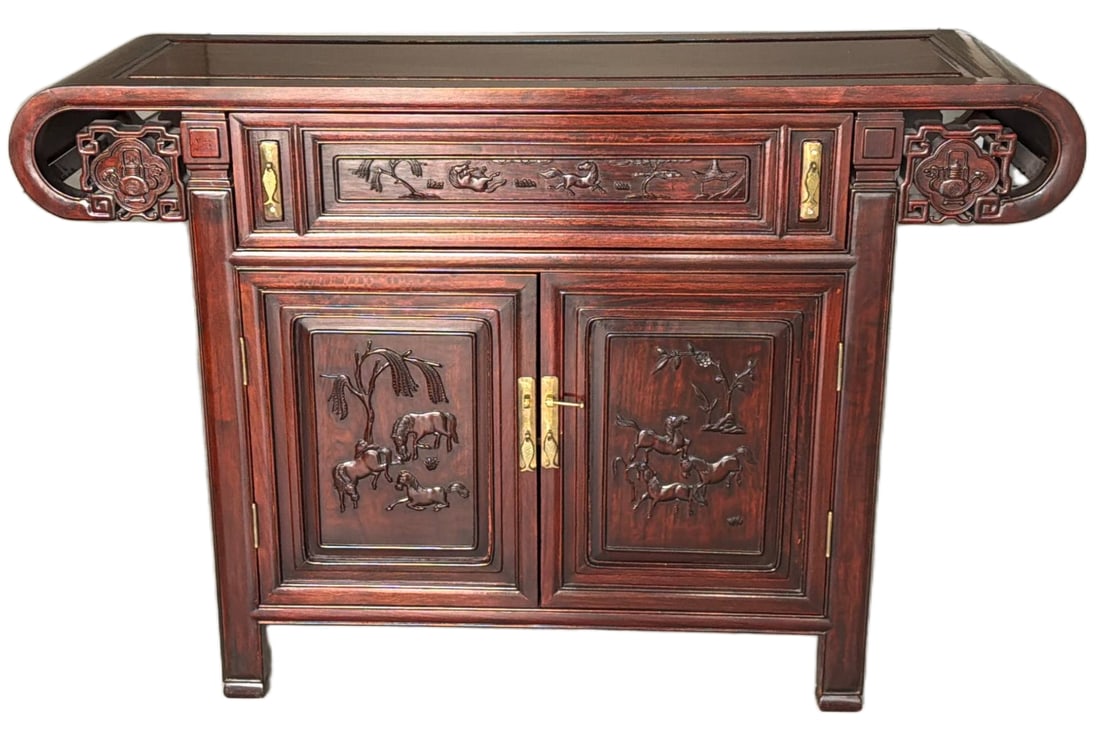 Hand-Carved Wooden Sideboard with Ornate Detailing and Brass Hardware (1 of 5)