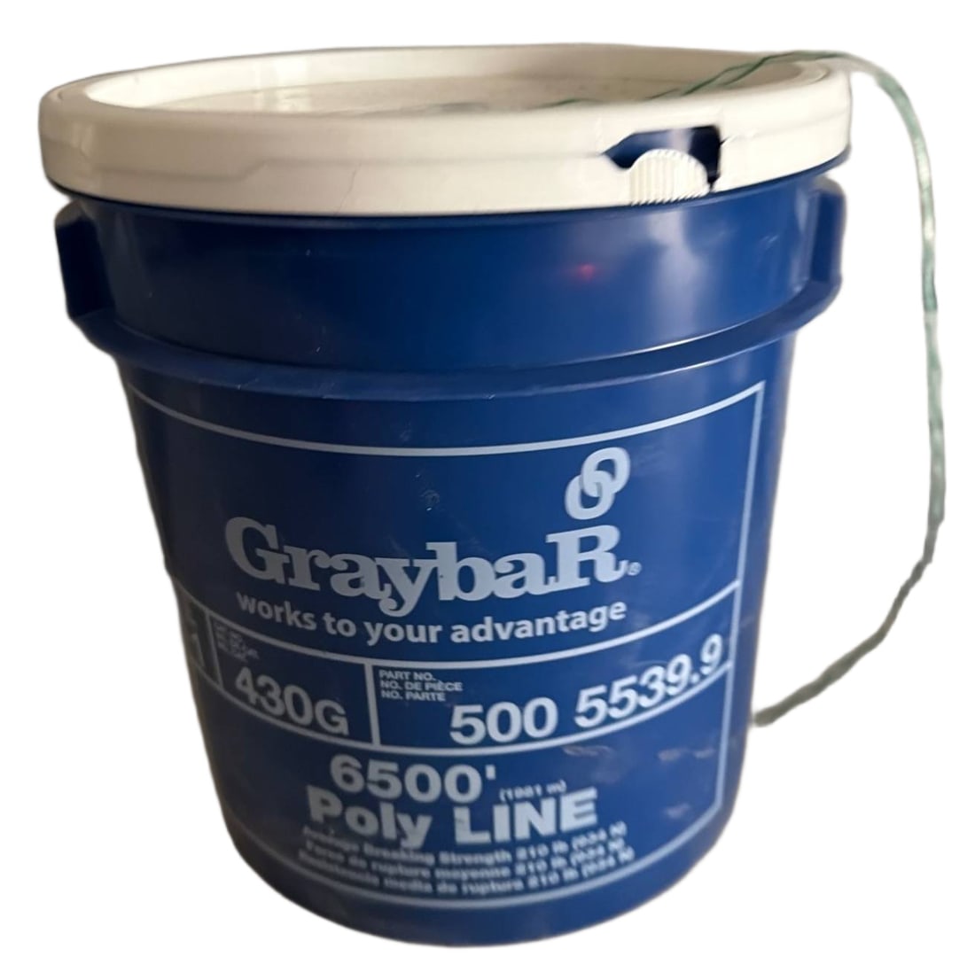Unopened Graybar 6500? Poly Line Pulling String with Bucket Dispenser: Graybar brand poly line with a 6500-foot length. Designed for use in cable pulling applications and stored in a blue plastic bucket with a built-in dispenser. Features factory-sealed packaging, ensuri