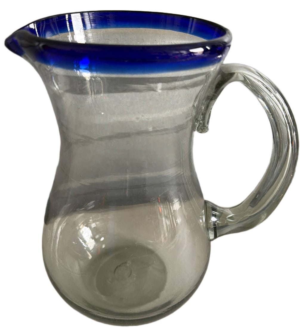 Clear Glass Pitcher with Cobalt Blue Rim and Handle (1 of 2)