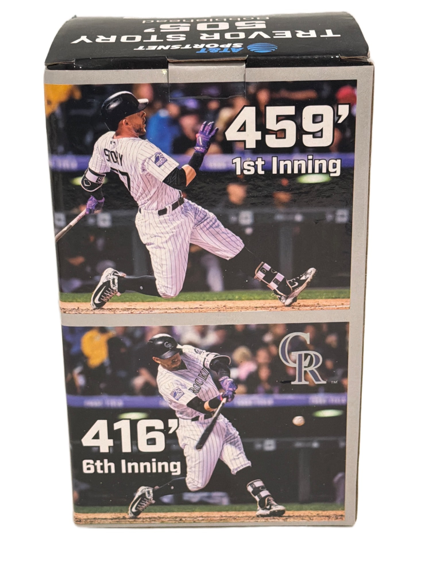 Trevor Story Colorado Rockies Bobblehead: Trevor Story Colorado Rockies bobblehead featuring the player in a Rockies uniform holding a bat. The box highlights notable home run distances: 459 ft in the 1st inning and 416 ft in the 6th inning.