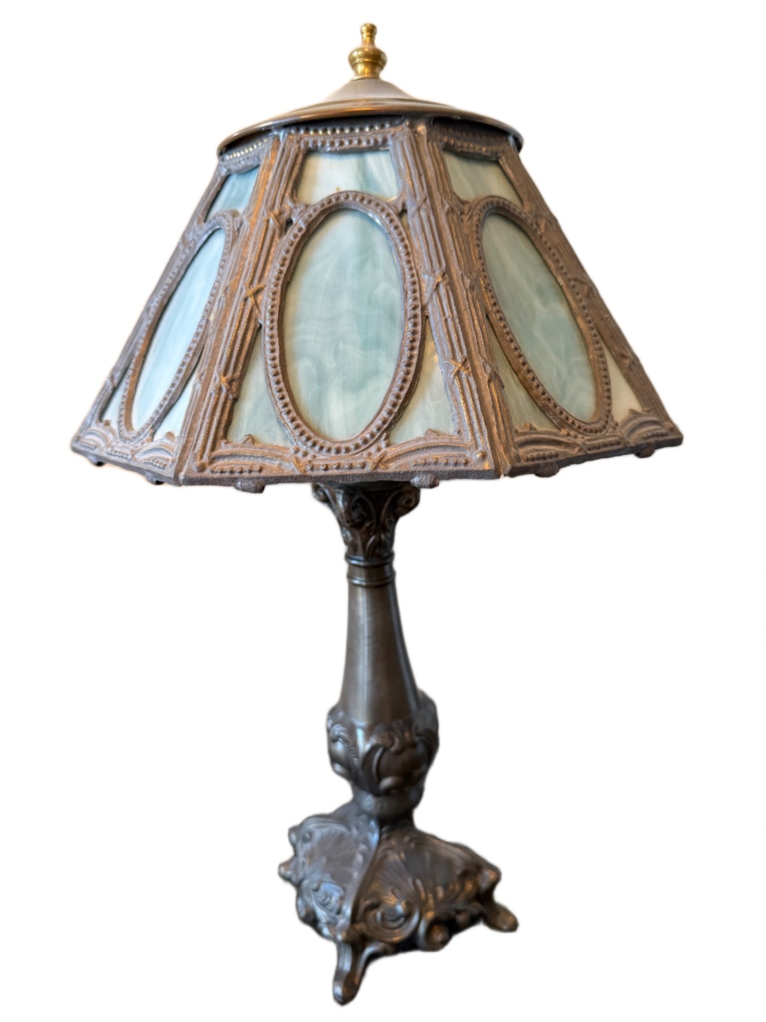 Art Deco Slag Glass Table Lamp with Ornate Metal BaseStained Glass Lamp with Metal Base and Ornate (1 of 11)