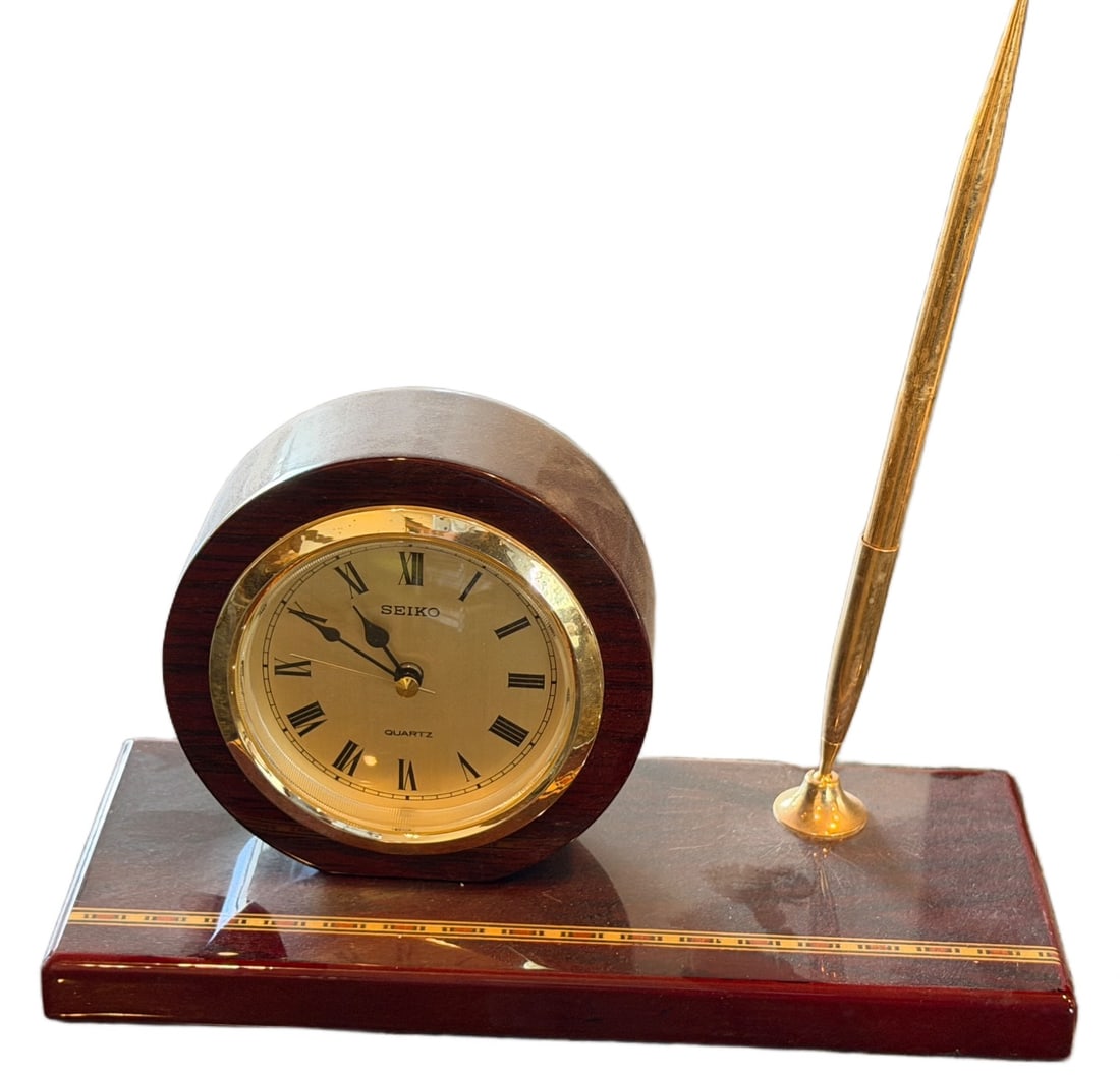 Seiko Desk Clock and Pen Holder with Wood and Gold-Tone Accents (1 of 2)