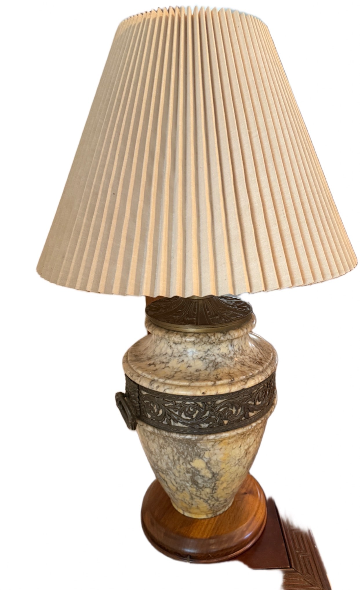 Marble Table Lamp With Ornate Metal Accents and Pleated Shade (1 of 9)