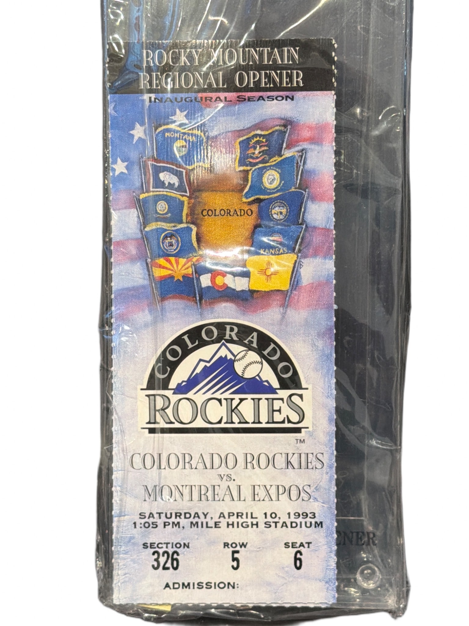 Colorado Rockies 1993 Inaugural Season Ticket vs Montreal Expos: Colorado Rockies 1993 inaugural season game ticket for the matchup against the Montreal Expos held on Saturday, April 10, 1993, at Mile High Stadium. This ticket is marked for Section 326, Row 5, Seat