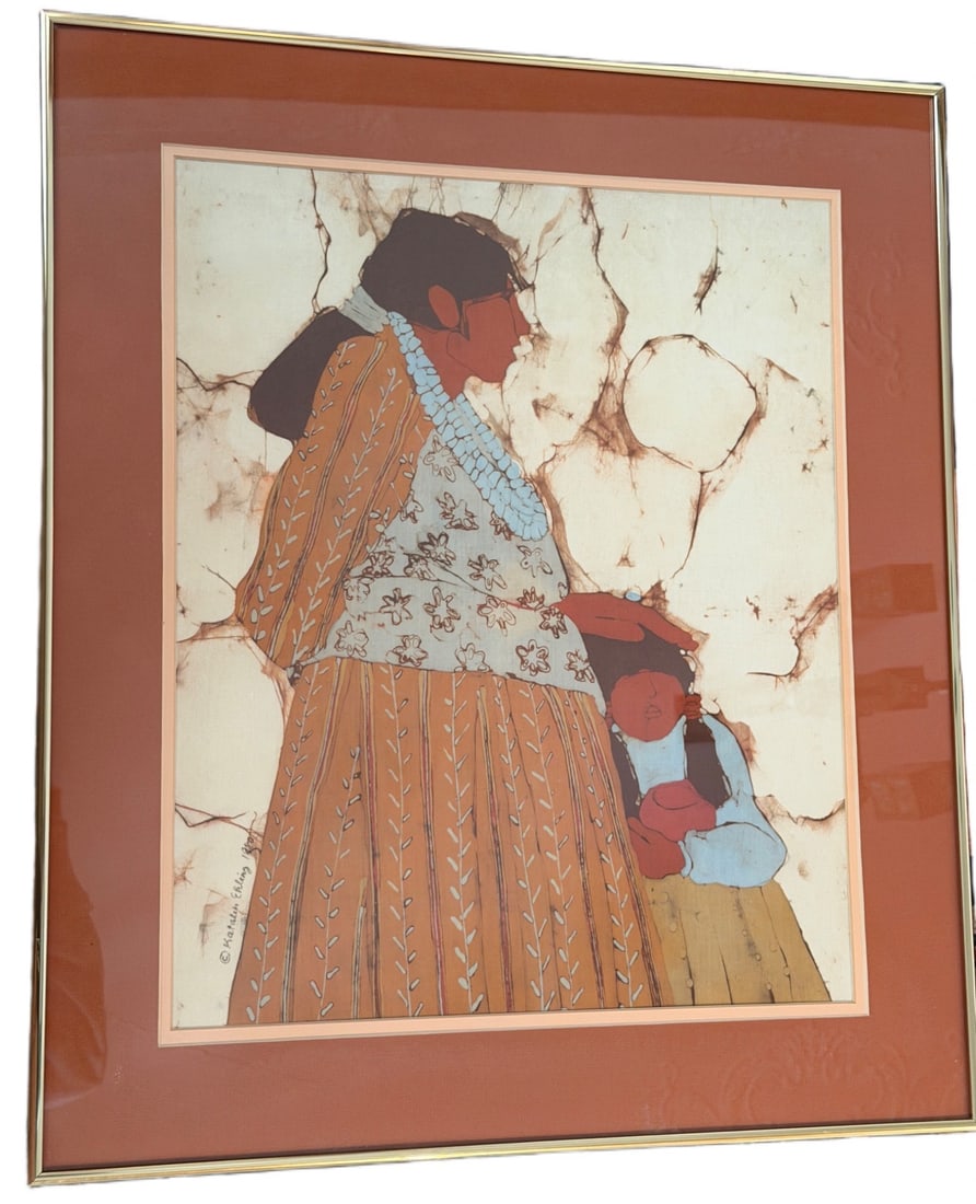 Katalin Ehling 1980 Signed Print ‘Loving Hands’ Framed Artwork: Katalin Ehling signed 1980 print titled 'Loving Hands.' Features a stylized depiction of a Native American woman with intricate patterns and textures in the design. Professionally framed under glass