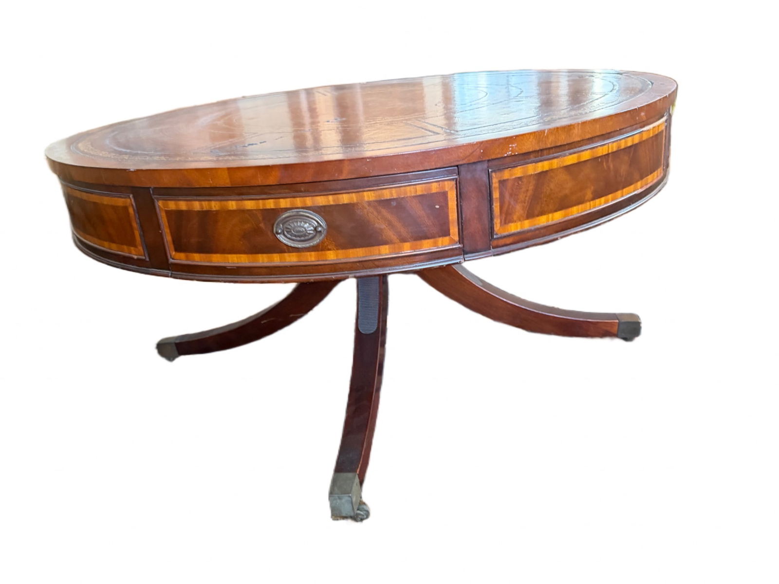 Mahogany Round Drum Table With Leather Inlay and Drawers (1 of 8)