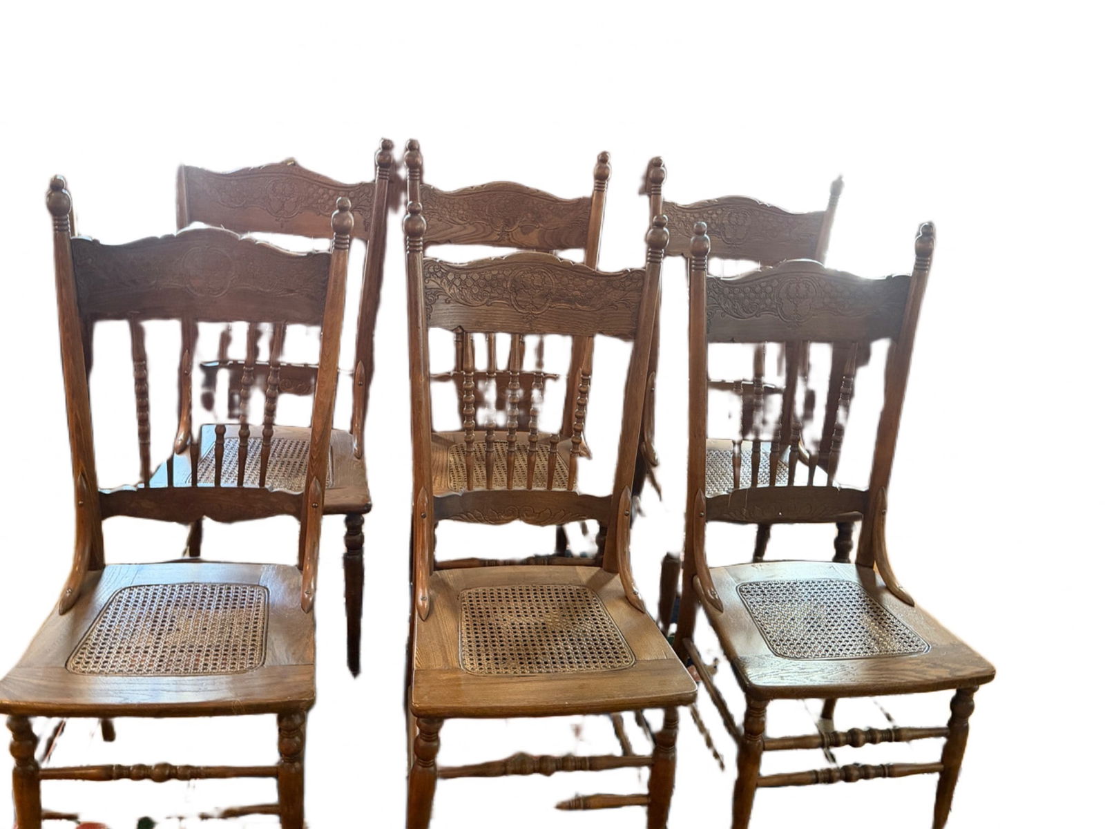 Six Wooden Cane-Seat Dining Chairs with Spindle Backrests (1 of 16)