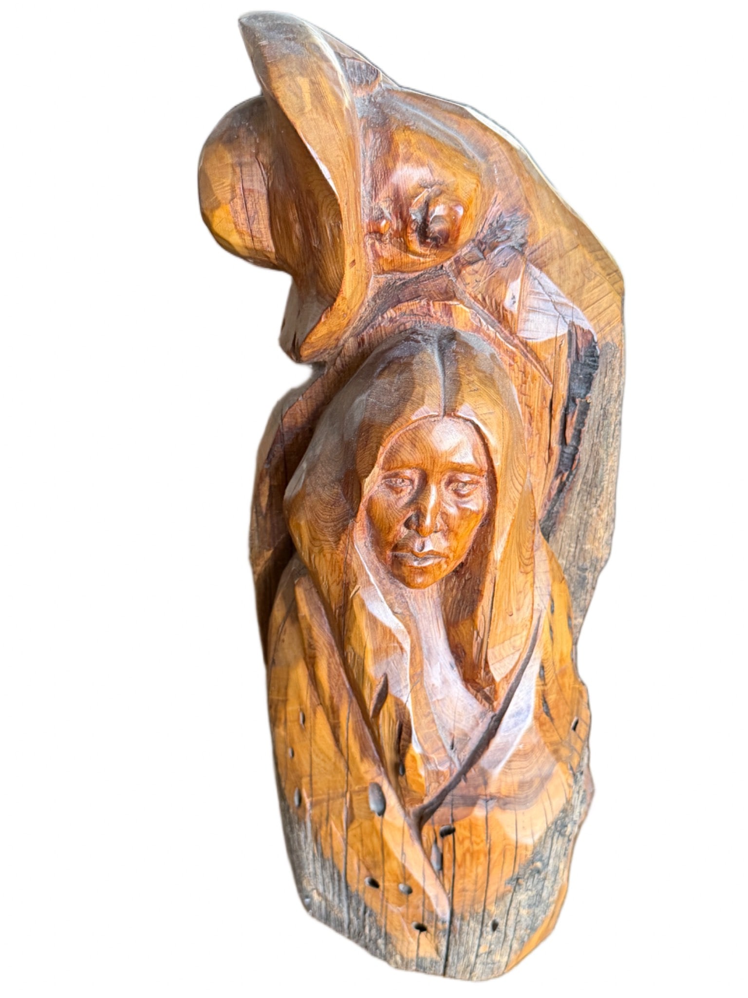 Hand-Carved Wooden Sculpture Depicting Faces Signed on Base (1 of 7)