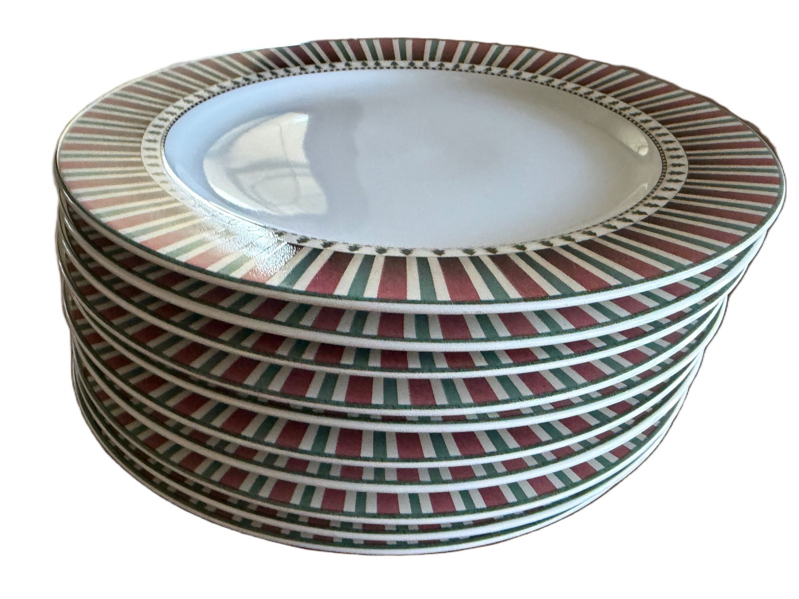 10 Sakura Debbie Mumm Sledding Characters Dinner Plates, 11 Inches: 10 dinner plates designed by Debbie Mumm for Sakura in the 'Sledding Characters' pattern. The plates feature a festive rim design with red and green detailing accented by small tree motifs. Made in In