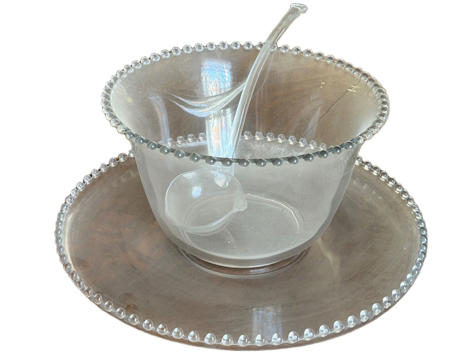 Glass Punch Bowl Set with Ladle and Tray Featuring Beaded Rim (1 of 3)