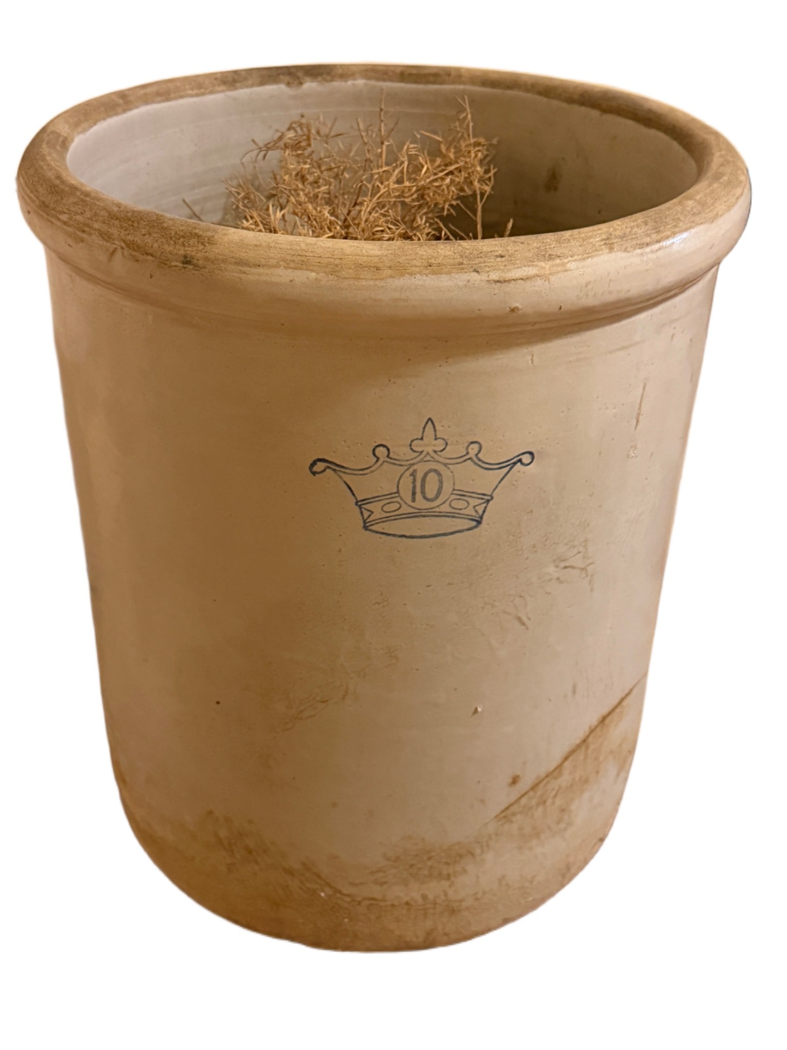 Stoneware Crock with Crown and Number 10 Marking: Stoneware crock featuring a crown design with the number 10 marking prominently displayed. It exhibits signs of use and wear consistent with its age. The crock stands approximately 17 inches in