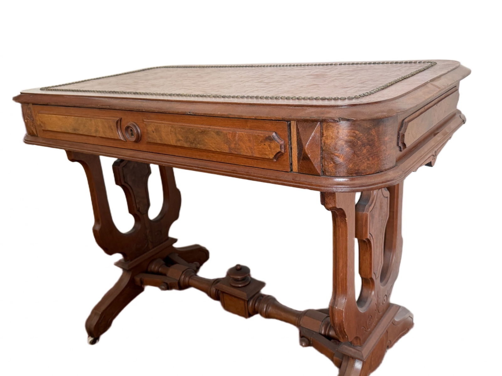 19th Century Wooden Writing Table with Leather Top and Decorative Trim (1 of 15)