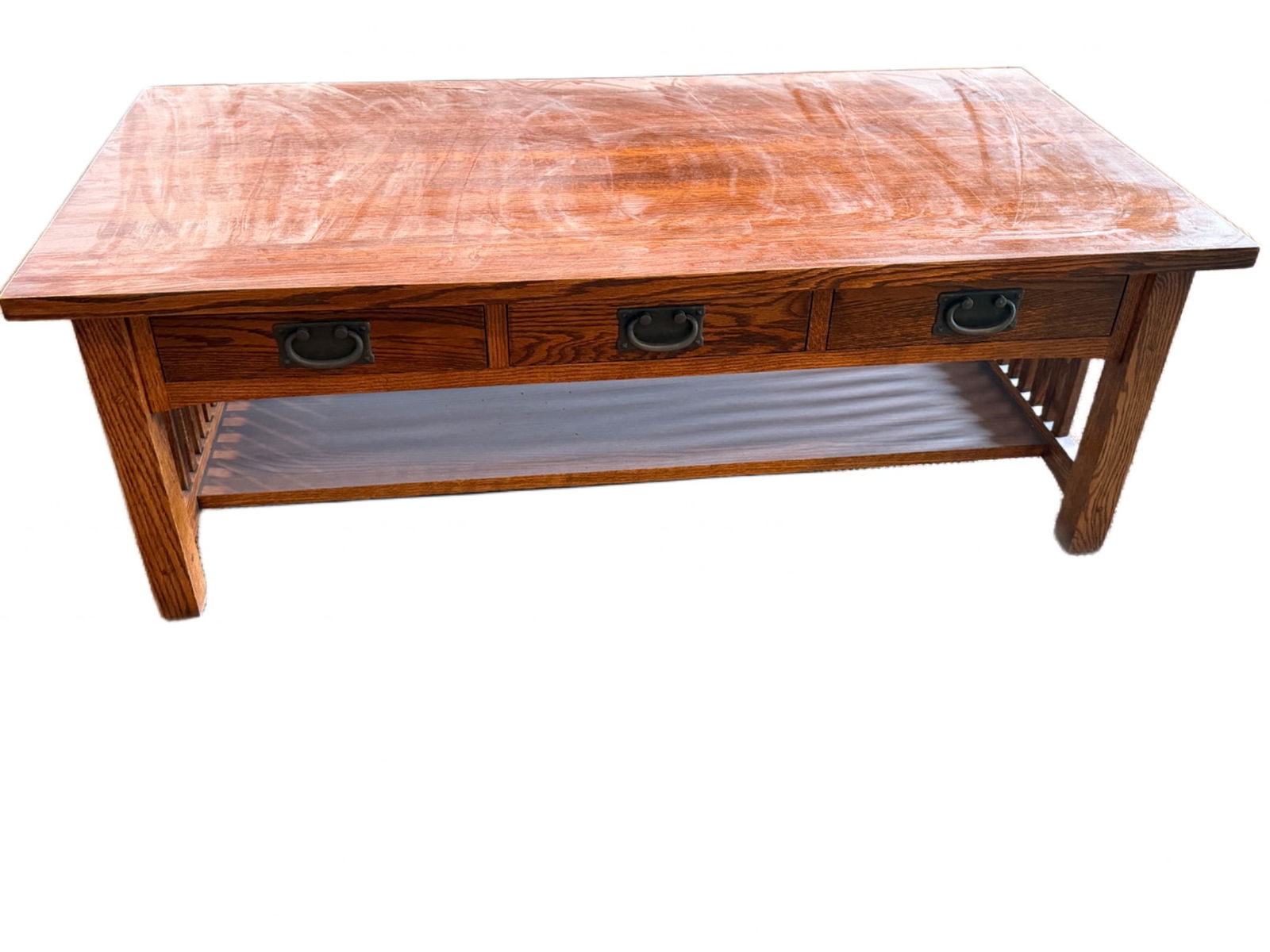 Mission-style Coffee Table with Three Drawers and Lower Shelf (1 of 5)