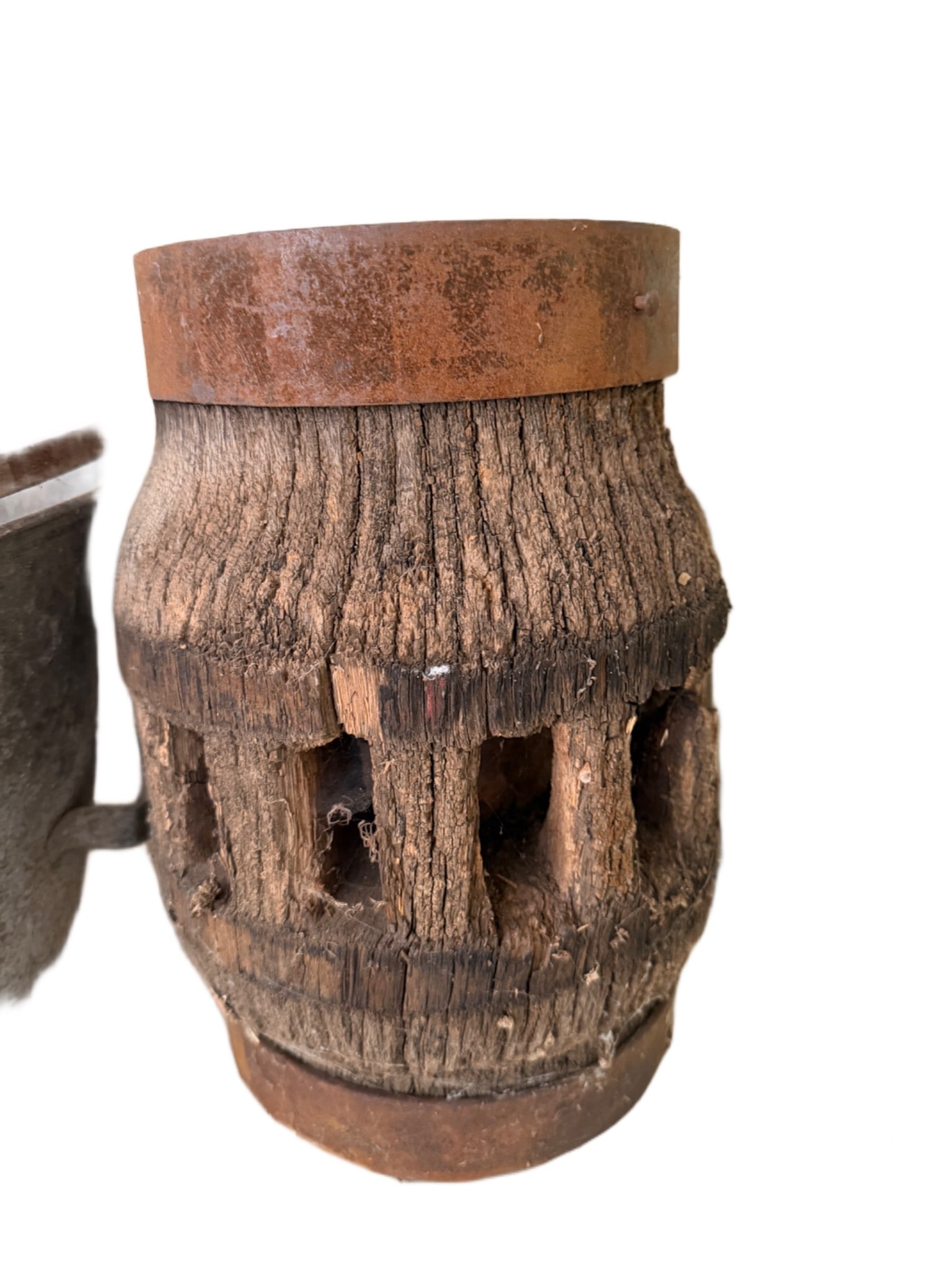 Wooden and Metal Barrel-Like Object with Weathered Appearance (1 of 2)