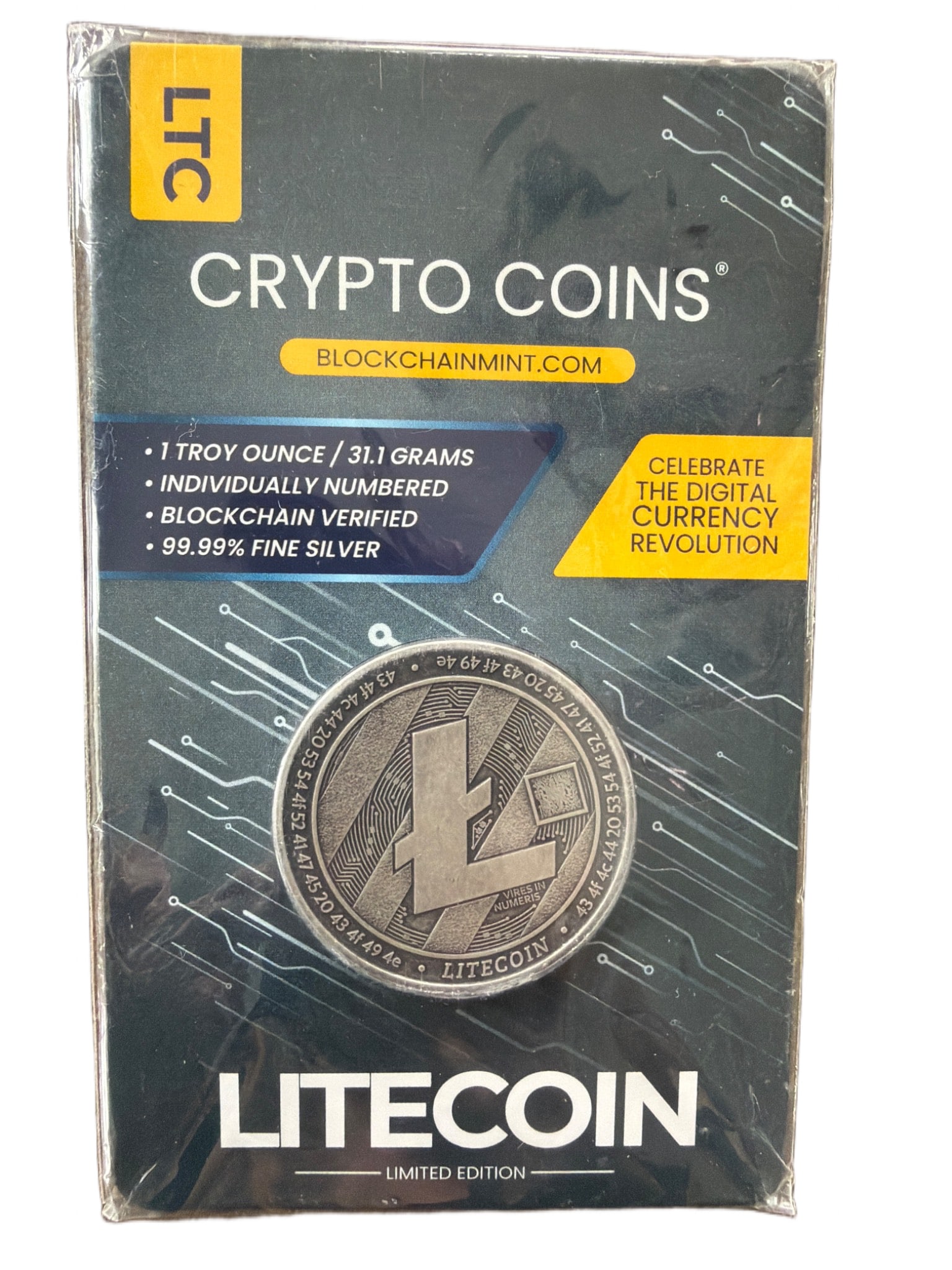 Limited Edition Litecoin Commemorative Coin with Blockchain Verification: This item is a limited edition Litecoin commemorative coin minted by BlockchainMint.com. It is made of 1 troy ounce (31.1 grams) of 99.9% fine silver. The coin is individually numbered, blockchain ver