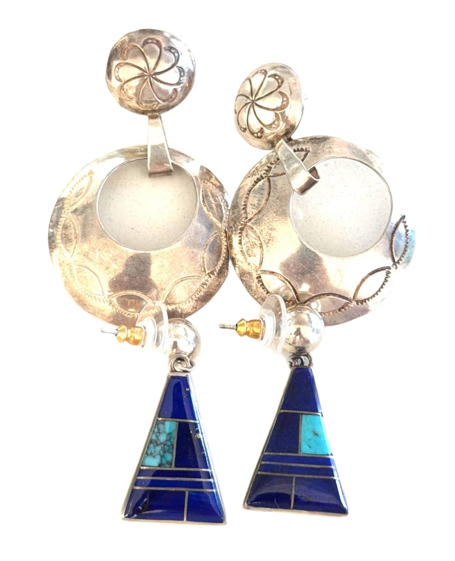 Sterling Silver Dangle Earrings with Inlaid Turquoise and Lapis Lazuli by Calvin (1 of 3)