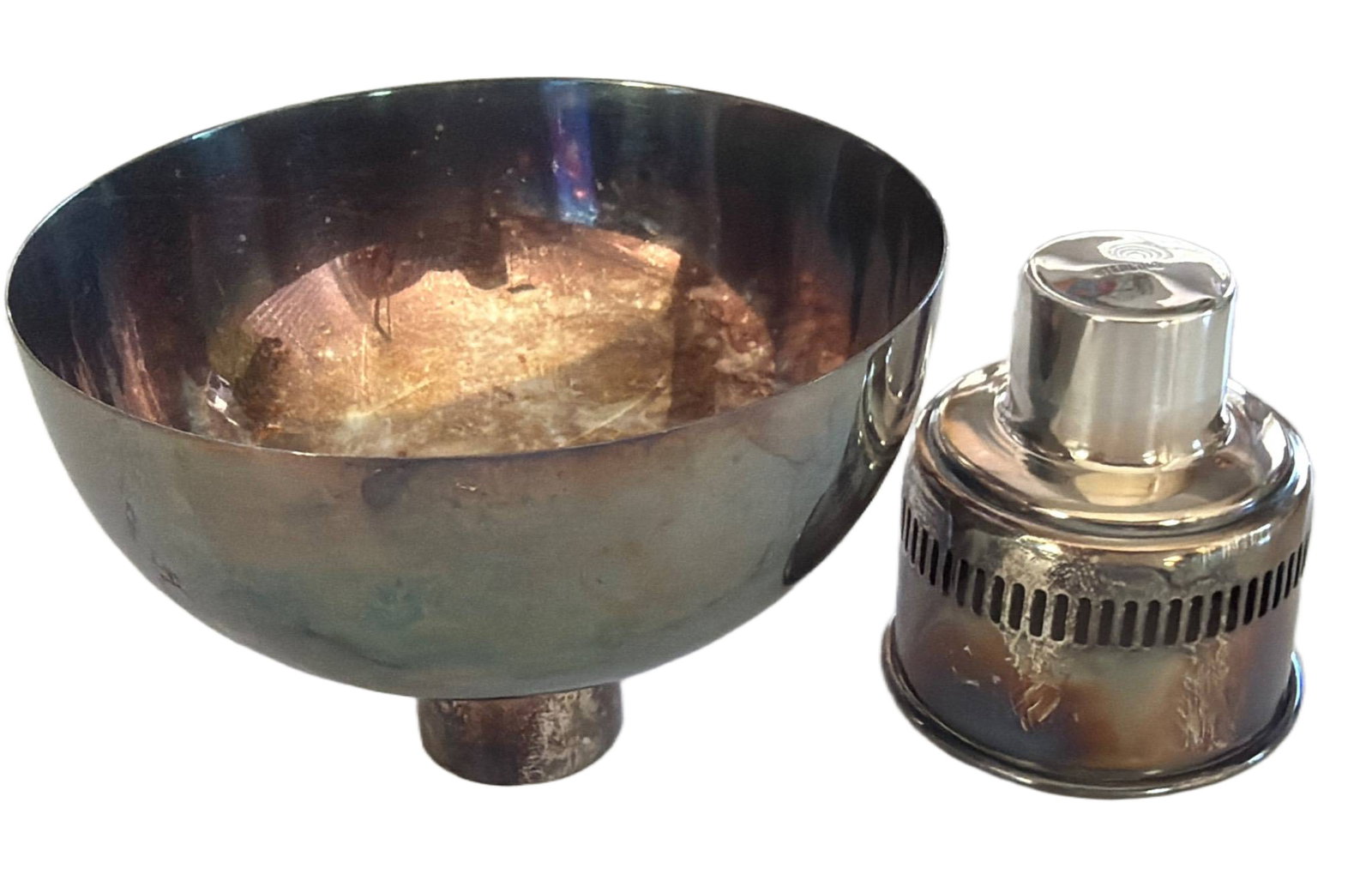 Sterling Silver Bowl and Cover, 3.49 oz: Sterling silver bowl and matching cover, weighing 3.49 ounces in total. The bowl is approximately 2.5 inches tall with a round base and a smooth, polished finish. Both components are stamped “STERLI