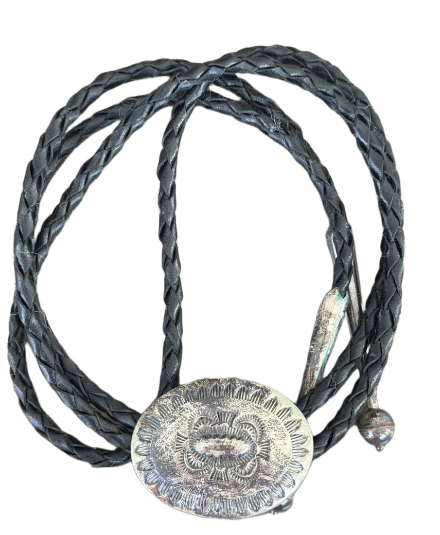 Silver-Toned Oval Concho Bolo Tie with Braided Leather Cord (1 of 4)