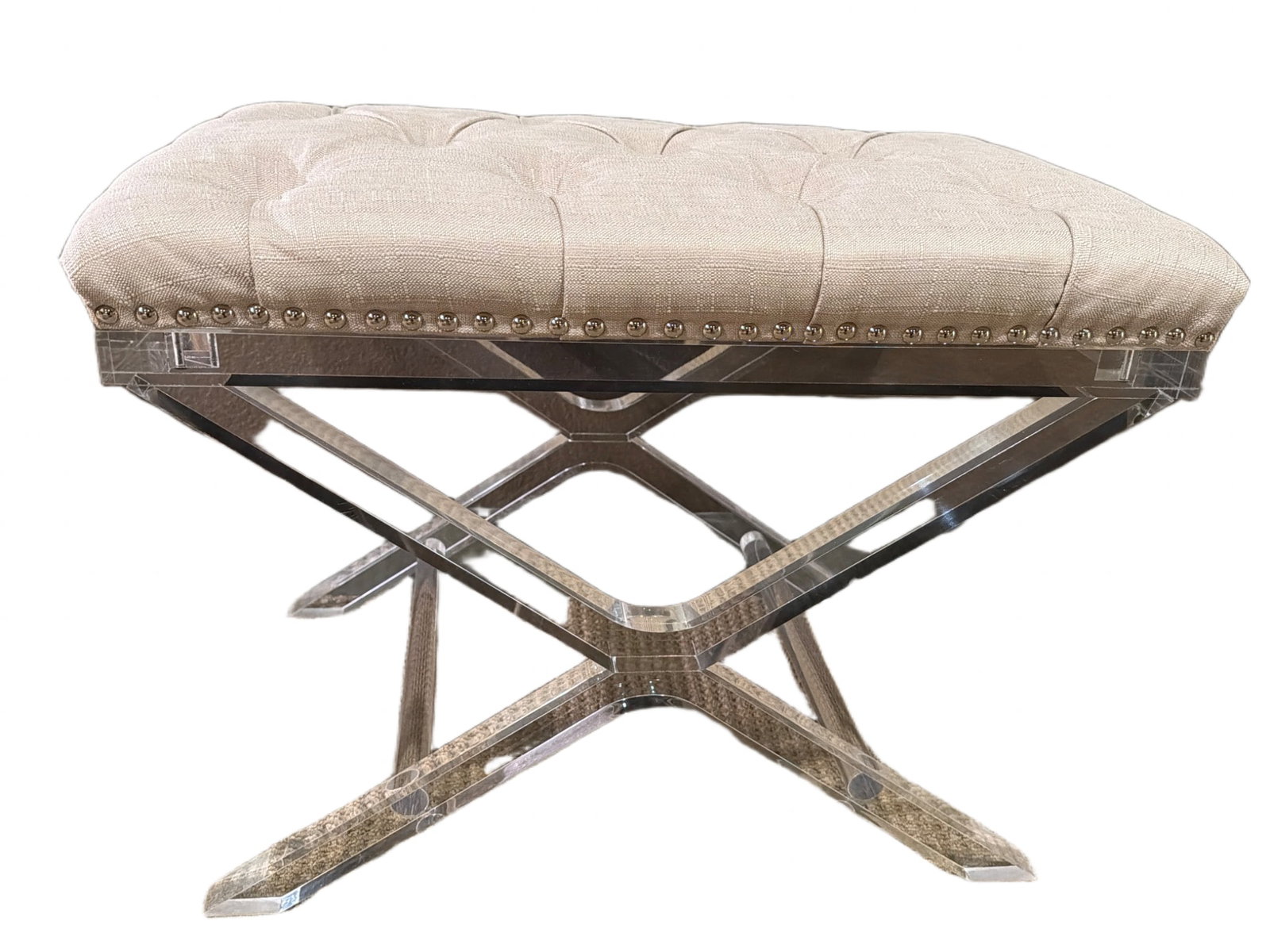 “Hollywood Regency?? Style Tufted Fabric Bench With Acrylic Cross-Leg Base and Nailhead Trim (1 of 8)