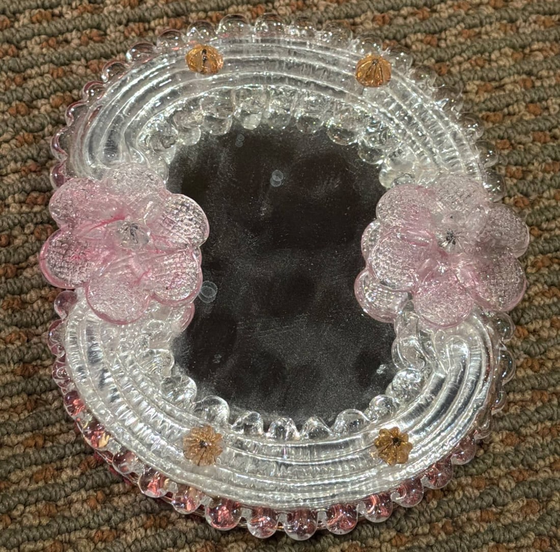 Mid-Century Murano-style Venetian Glass Vanity Mirror with Pink and Gold Floral Accents (1 of 7)
