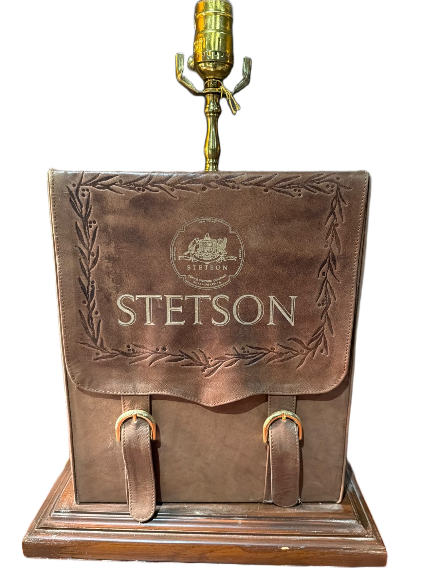 Vintage Stetson Tooled Leather Commemorative Table Lamp with Brass Socket (1 of 4)