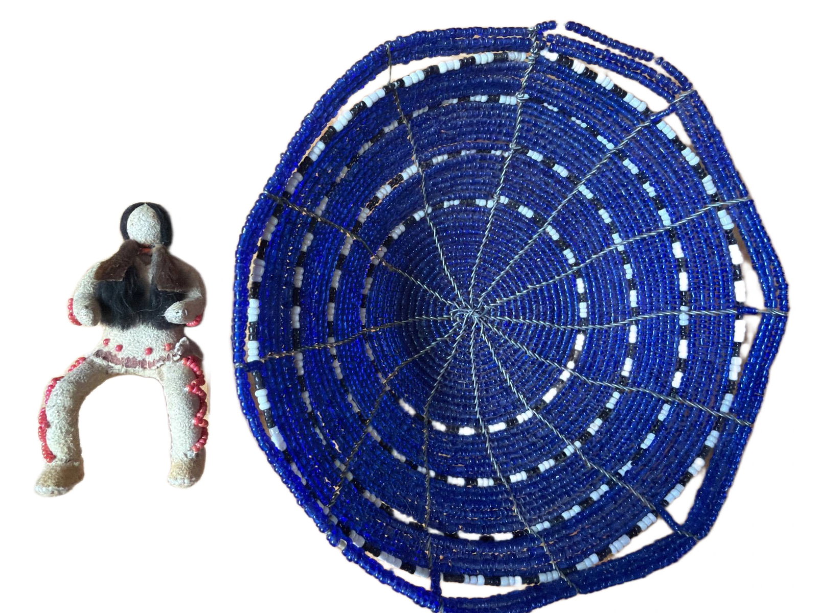 Hand-Beaded Wire Basket and Handmade Doll with Bead Accents. Indigenous & Southwest Folk Art. (1 of 4)