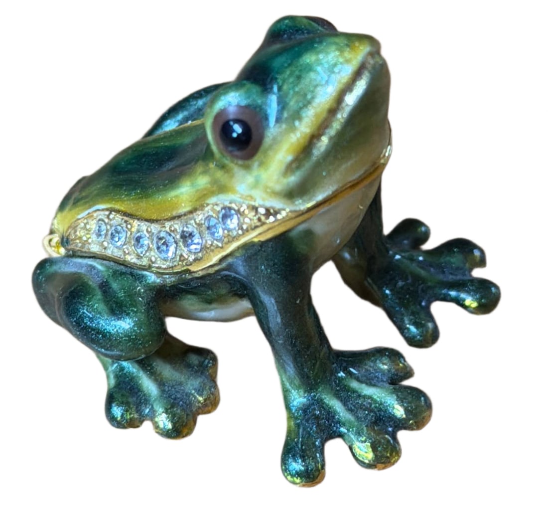 Enameled Frog Trinket Box with Rhinestone Accents and Hinged Design: Green and yellow enameled frog-shaped trinket box featuring a hinged design with gold-tone trim and rhinestone accents along its back. The interior is finished in a glossy yellow enamel. Functional
