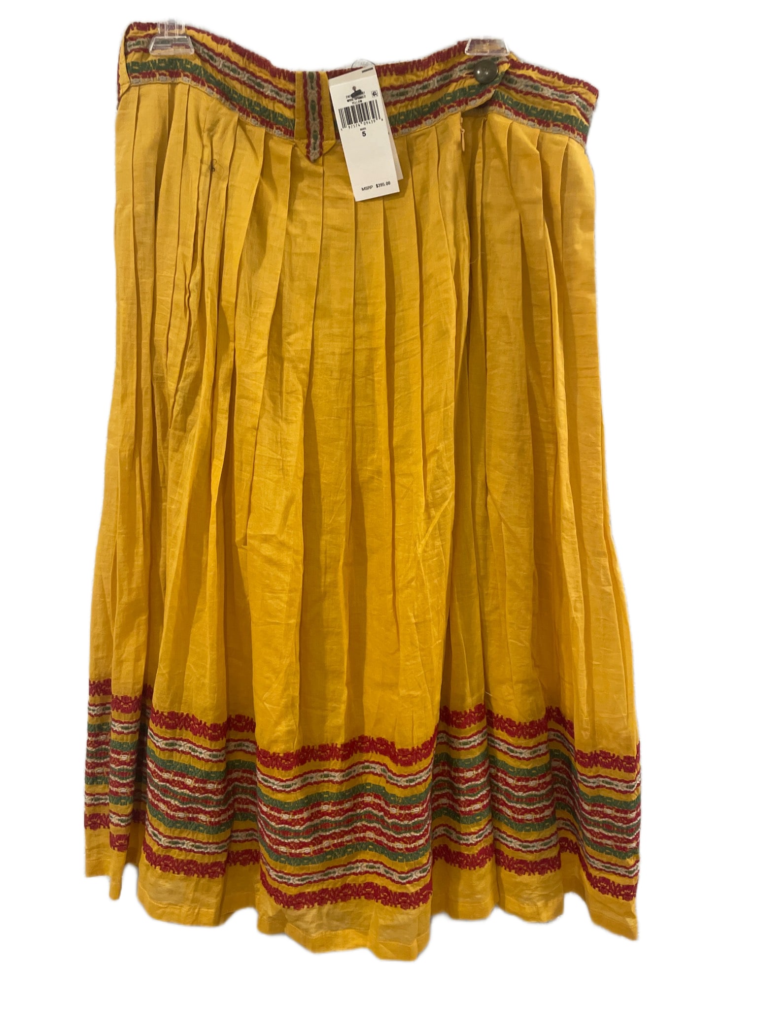 RRL Ralph Lauren Women's Yellow Pleated Skirt with Embroidered Trim: RRL Ralph Lauren yellow pleated skirt in size 5, featuring vibrant multicolor embroidered trim at the waist and hemline. Made in India from lightweight fabric, it has an MSRP of $395. The skirt is new