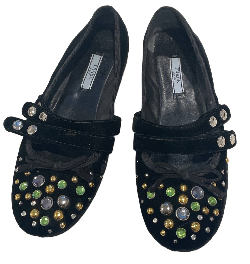 Prada Black Velvet Flats with Crystal and Stud Embellishments (1 of 3)