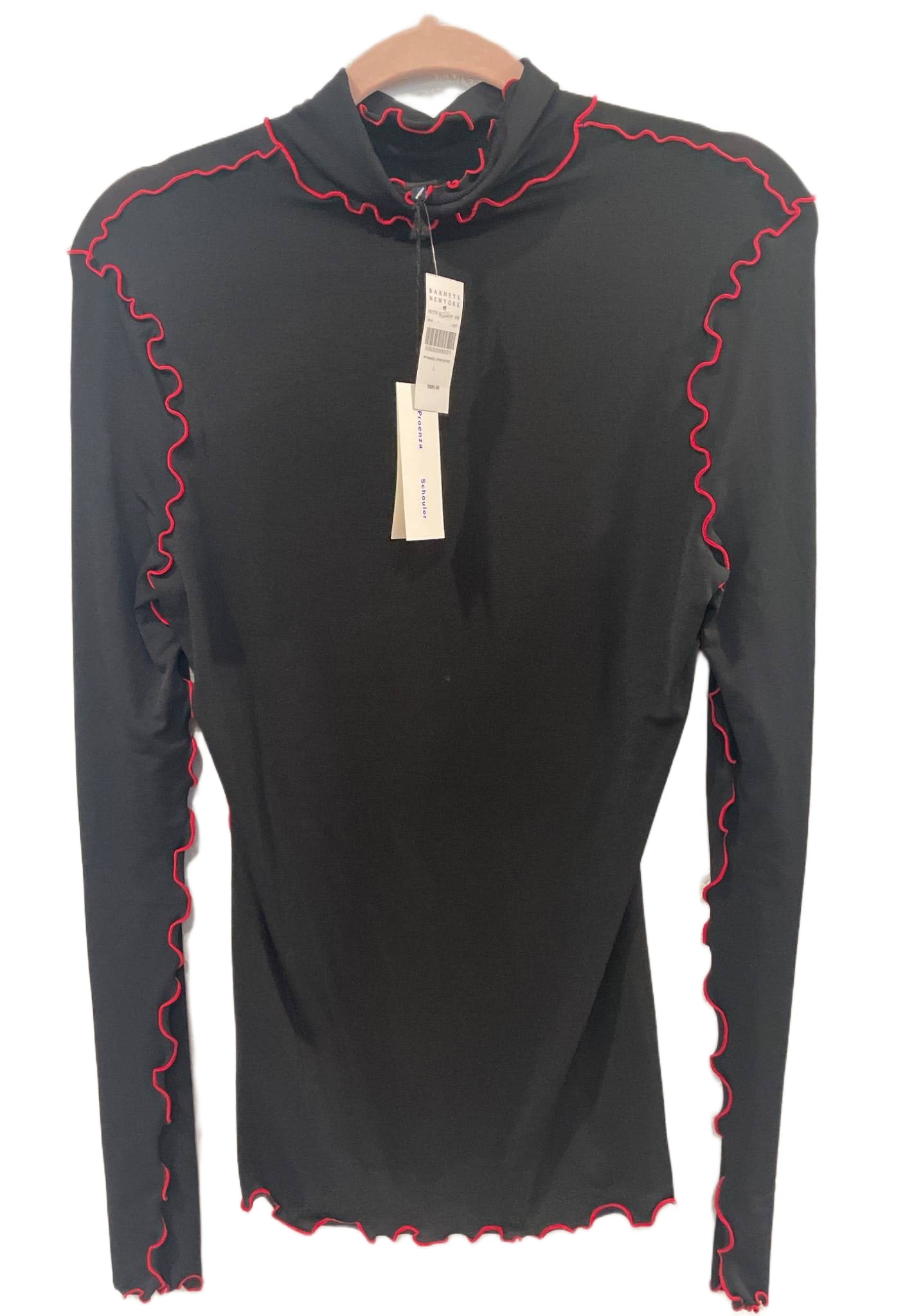 Proenza Schouler Black Long-Sleeve Top with Red Trim, New with Tags: Black long-sleeve top by Proenza Schouler featuring red lettuce-edge trim along the cuffs, hem, and seams. Includes a mock neck and a slim fit. New with tags, originally sold by Barneys New York with 