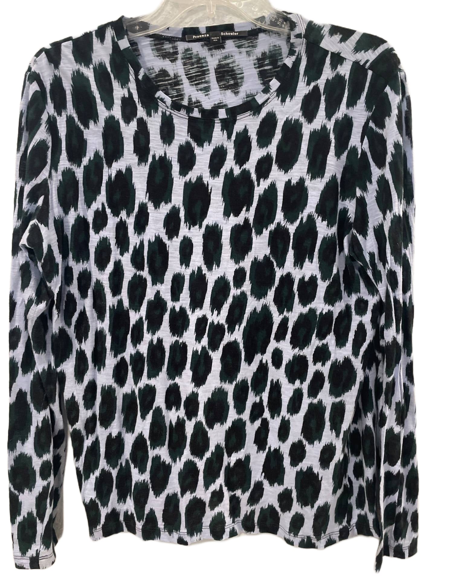 Proenza Schouler Long-Sleeve Animal Print Cotton Top, Size L: Proenza Schouler long-sleeve top featuring a black and white animal print pattern. Constructed from 100% cotton and made in the USA, it includes a rounded neckline and pull-over style. Size L per inte