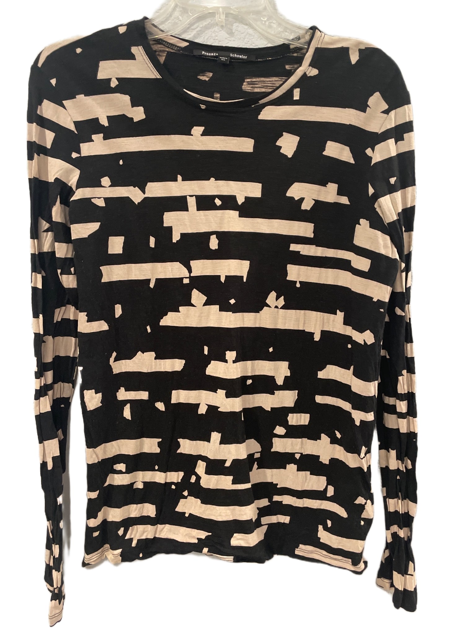 Proenza Schouler Long-Sleeve Abstract Print Cotton Shirt, Size L: Proenza Schouler long-sleeve shirt featuring an abstract beige and black print. Crafted from 100% cotton with a lightweight feel, this shirt is labeled as size L and made in the USA. Design features a