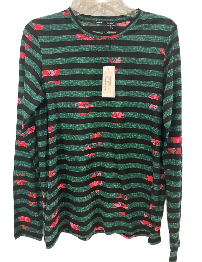 Proenza Schouler Long-Sleeve Striped Floral Print Top, Size L: Proenza Schouler long-sleeve top featuring a green and black striped pattern with red and pink floral accents. Made from a lightweight fabric. Original price tag of $325 attached. Size L as indicated 
