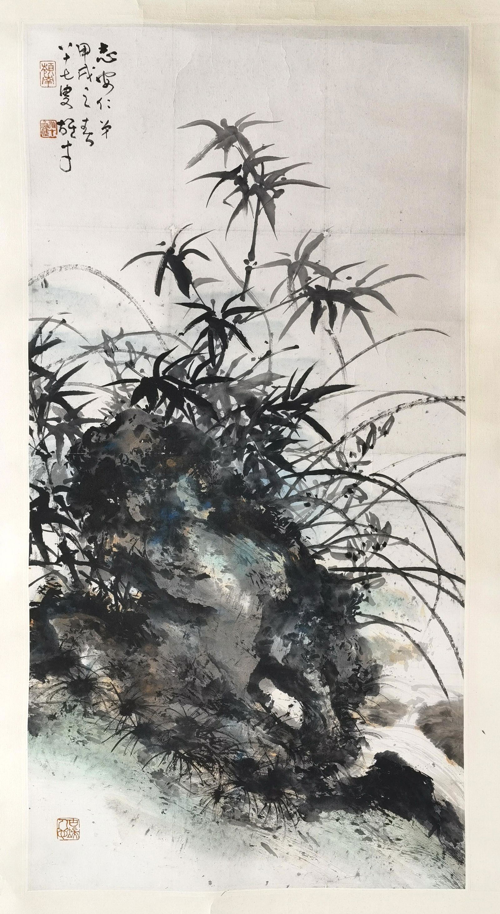 CHINESE SCROLL PAINTING OF BAMBOO AND ROCK SIGNED BY LI: CHINESE SCROLL PAINTING OF BAMBOO AND ROCK SIGNED BY LI XIONGCAI. Image only size 49 cm by 96 cm. Shipping cost $30 to US 48 states and $100 for oversea International delivery. Local pickup at our off