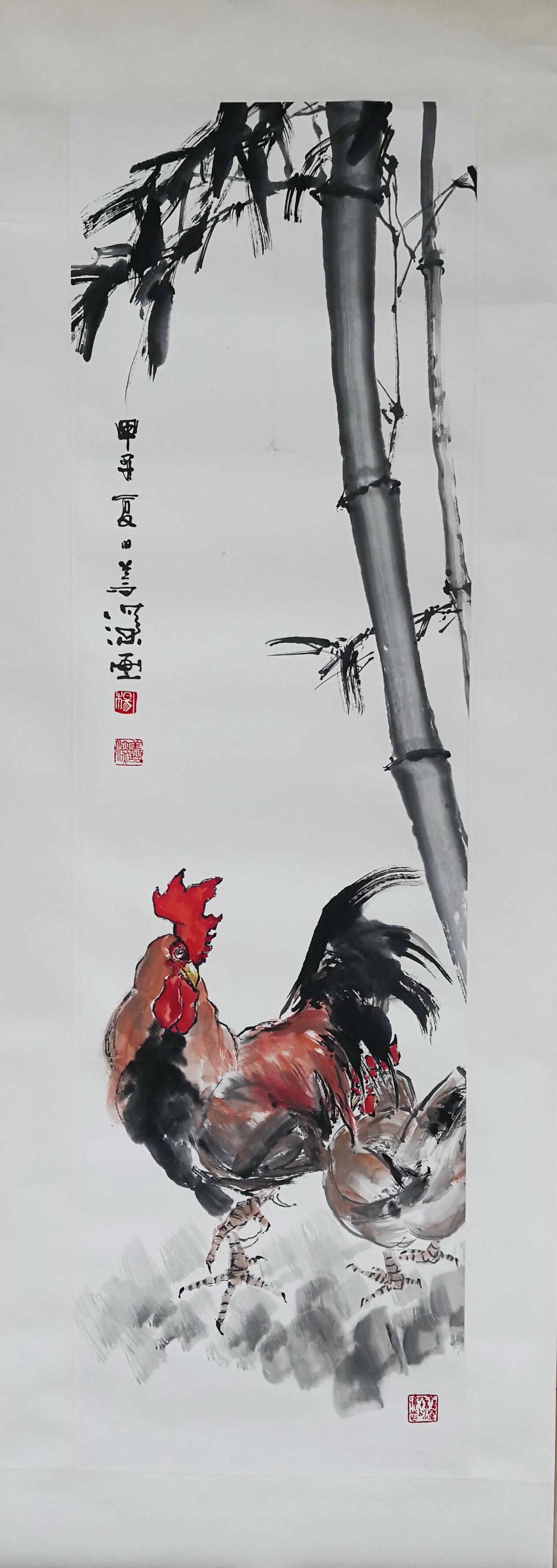 CHINESE SCROLL PAINTING OF ROOSTER AND BAMBOO SIGNED BY (1 of 6)