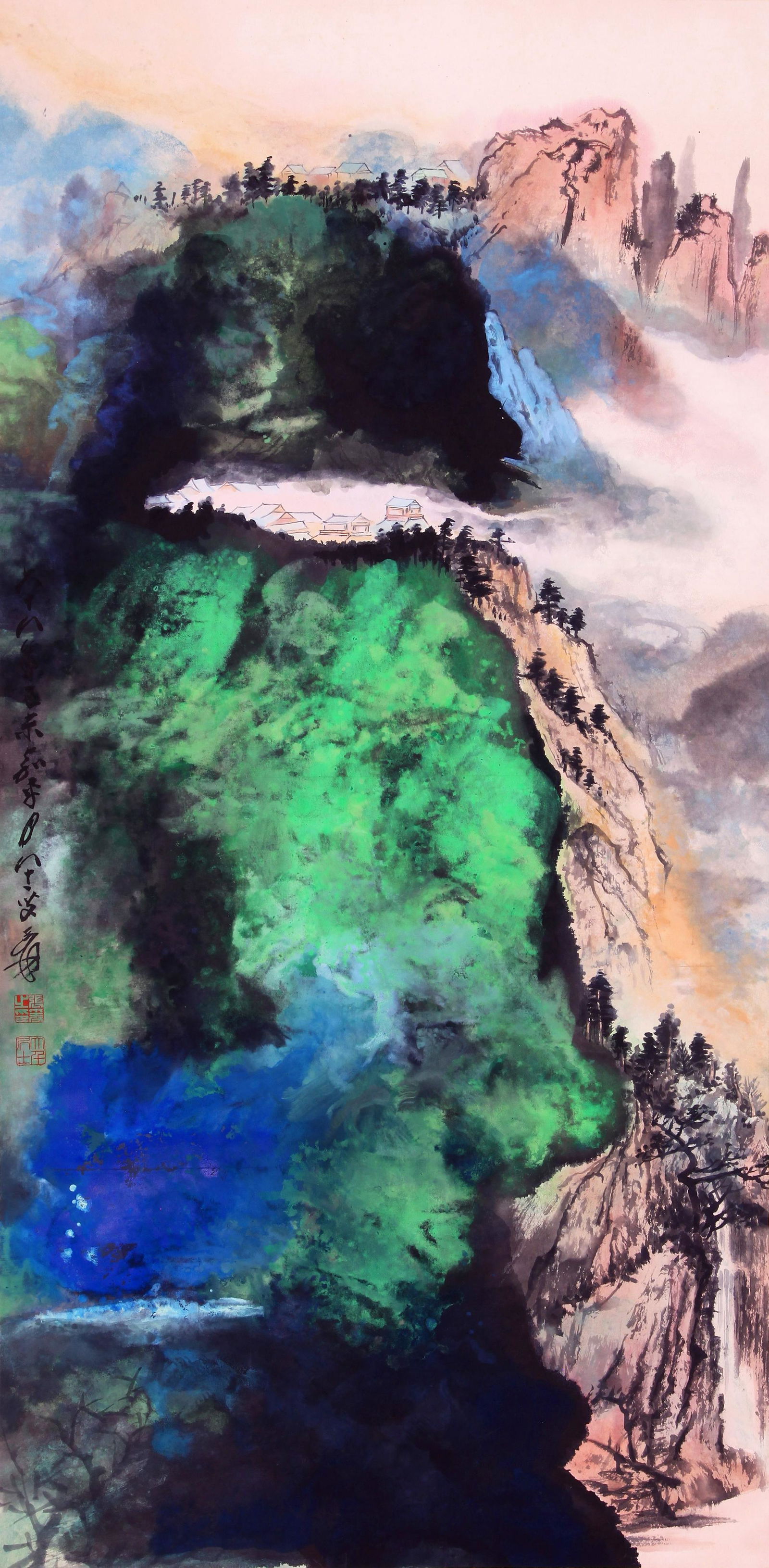 CHINESE SCROLL PAINTING OF MOUNTAIN VIEWS SIGNED BY: CHINESE SCROLL PAINTING OF MOUNTAIN VIEWS SIGNED BY ZHANG DAQIAN. Image only size 104 cm by 51 cm. Shipping cost $30 to US 48 states and $100 for oversea International delivery. Local pickup at our of