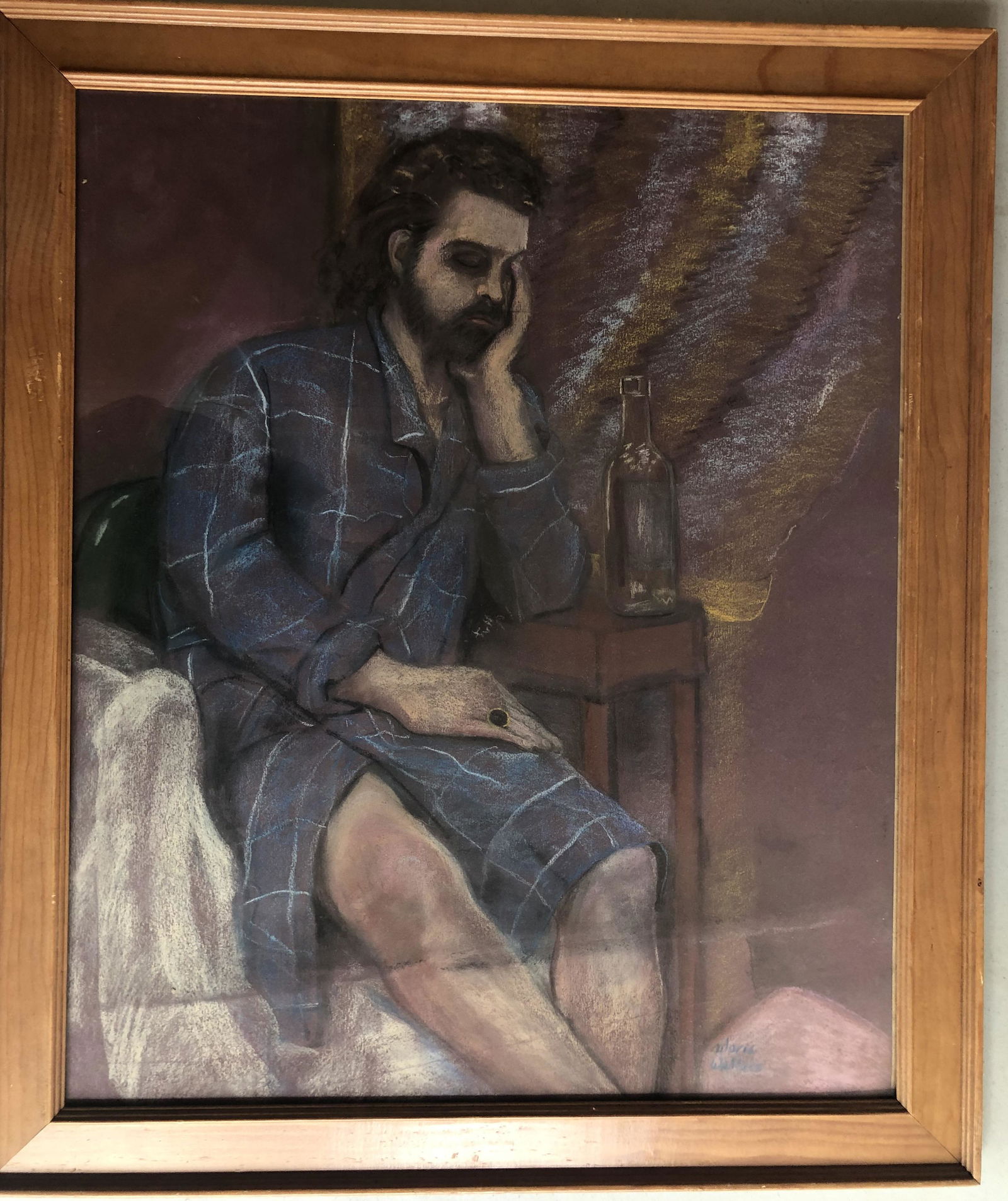 PASTEL PAINTING OF SEATED MAN BY GLORIA WALLACE: PASTEL PAINTING OF SEATED MAN BY GLORIA WALLACE. Patel on paper. Signed on right bottom. Image only size 24in by 20in. With frame total size 27.5in by 24in. Shipping cost incluing pack ange deliver to