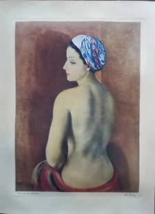 MOISE KISLING NU AU TURBAN COLOR AQUAINT: MOISE KISLINGNu au Turban.Color aquatint and etching, 1952.Ssize 70.5 x 52.5 cm. Signed in pencil, lower margin eprevure d' artiste. Shipping cost incluing pack ange deliver to US address 50 USD and I