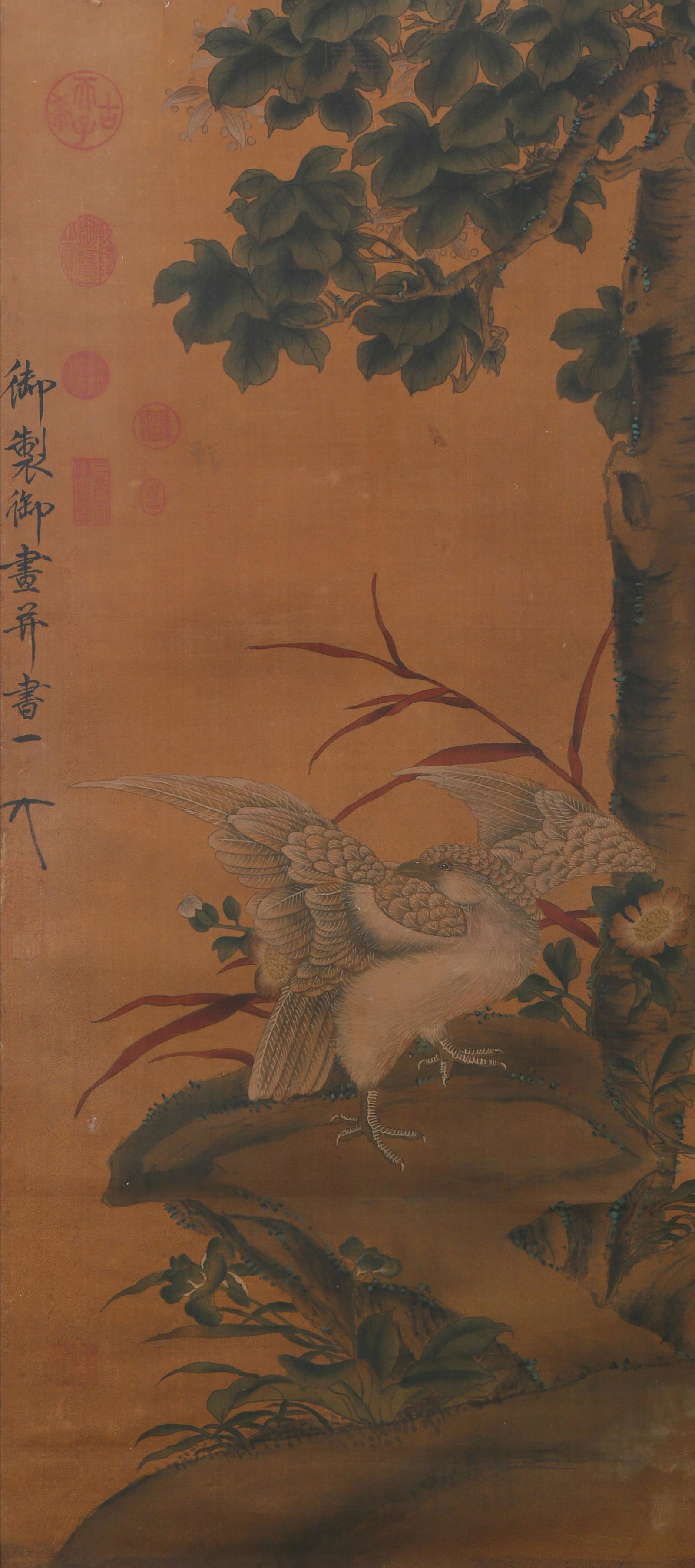CHINESE SCROLL PAINTING OF BIRD UNDER TREE SIGNED BY (1 of 6)