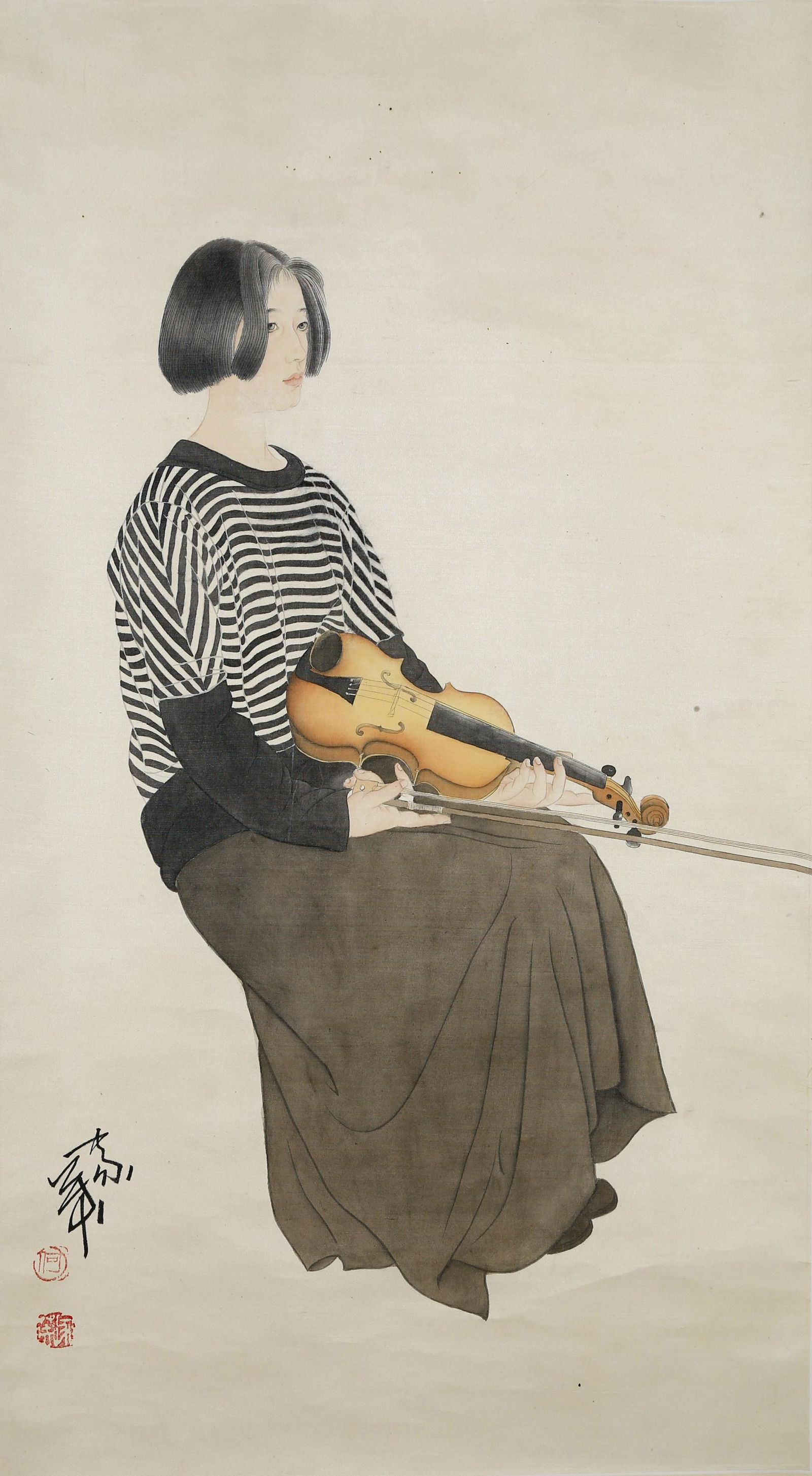 CHINESE SCROLL PAINTING OF GIRL MUSICAN SIGNED BY HE: CHINESE SCROLL PAINTING OF GIRL MUSICAN SIGNED BY HE JIAYING. Image only size 81cm by 45cm. . Shipping cost $30 to US 48 states and $100 for oversea International delivery. Local pickup at our office