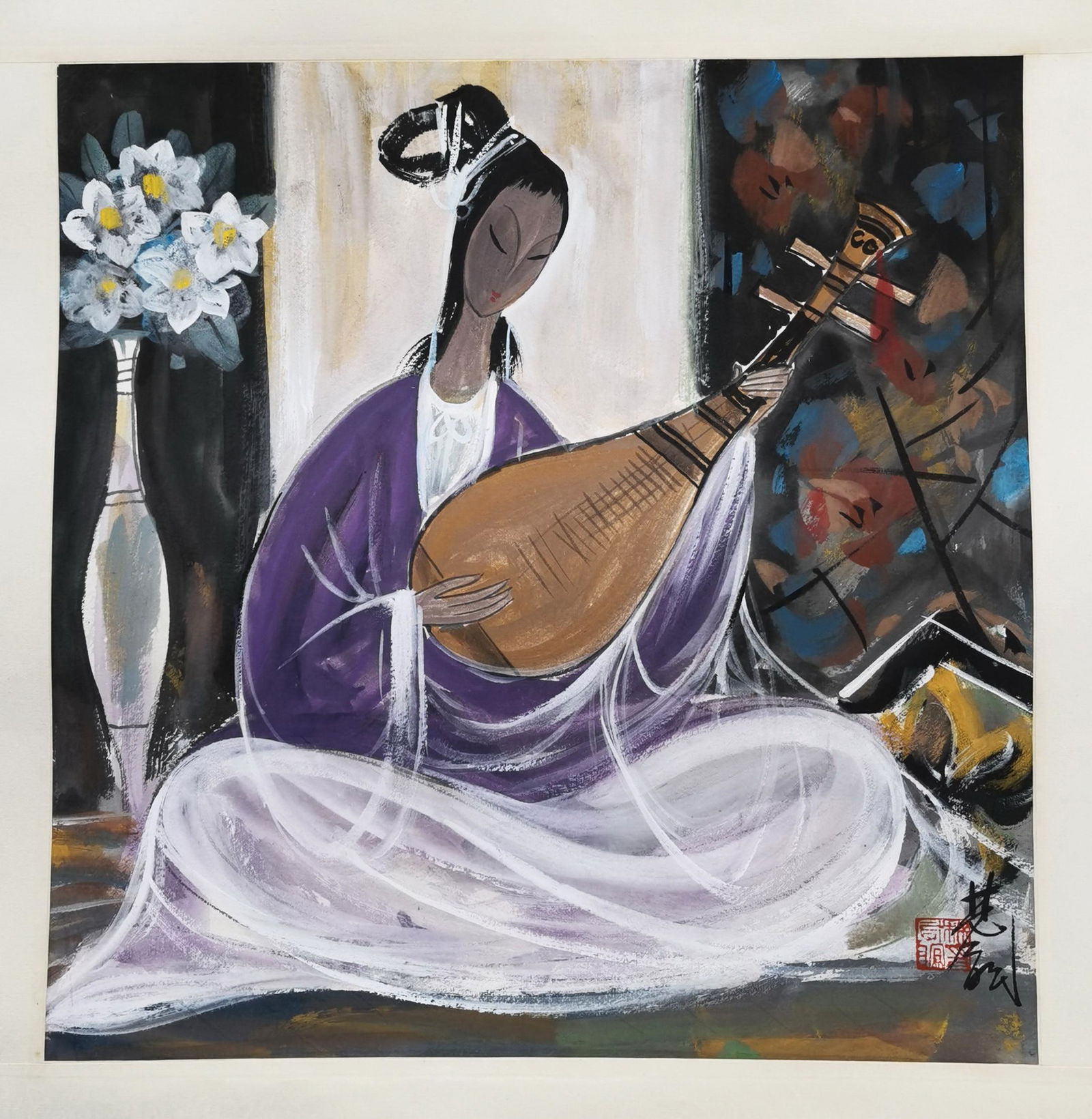 CHINESE SCROLL PAINTING OF SEATED BEAUTY SIGNED BY LIN: CHINESE SCROLL PAINTING OF SEATED BEAUTY SIGNED BY LIN FENGMIAN. Image only size 45 cm by 45 cm. . Shipping cost $30 to US 48 states and $100 for oversea International delivery. Local pickup at our of