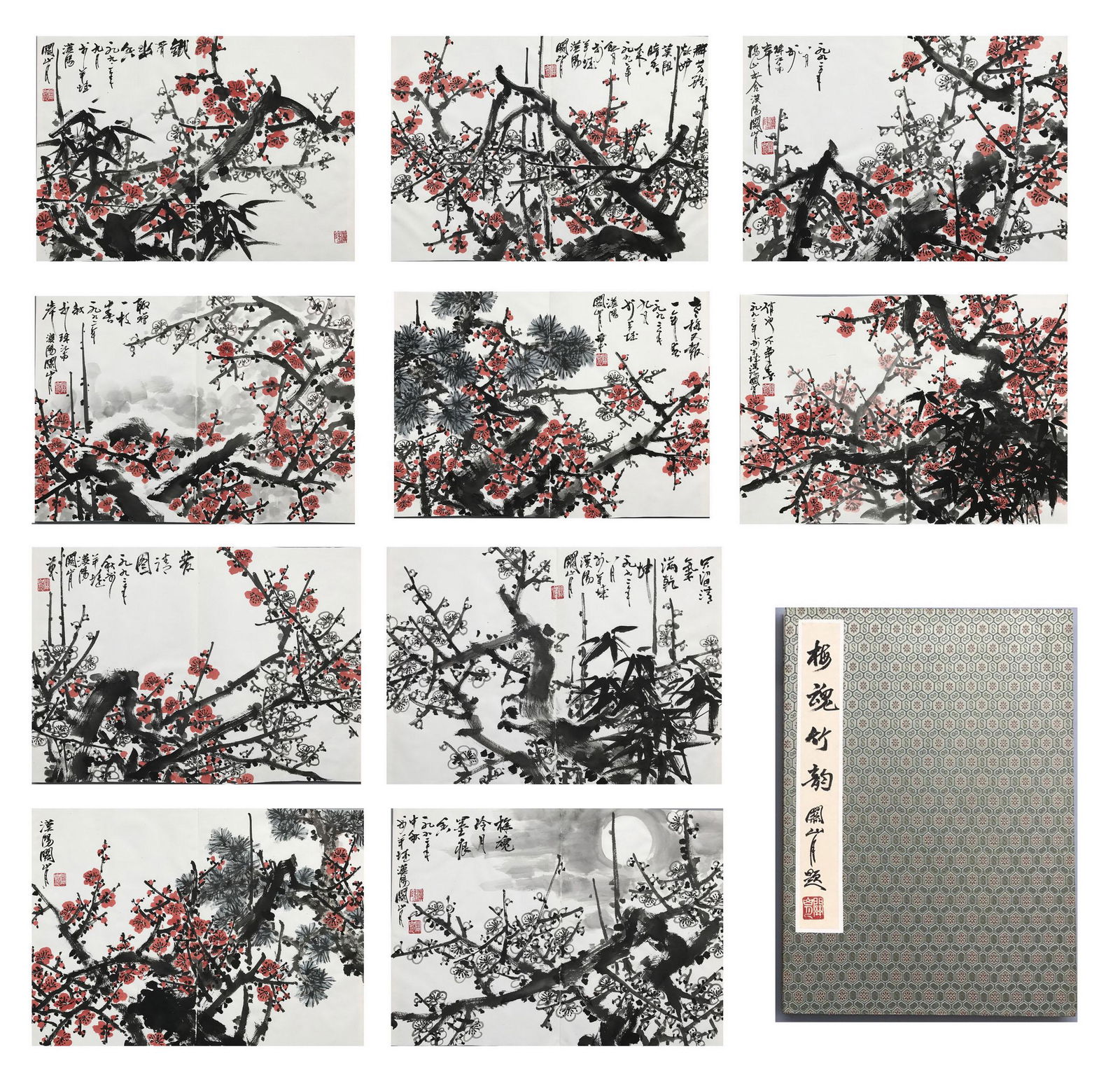TEN PAGES OF CHINESE ALBUM PAINTING OF PLUM BLOSSOMMINGS SIGNED BY GUAN SHANYUE (1 of 6)