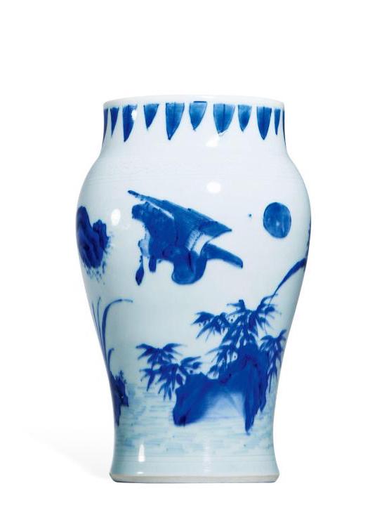 CHINESE PORCELAIN BLUE AND WHITE CRANE AND BAMBOO VASE: CHINESE PORCELAIN BLUE AND WHITE CRANE AND BAMBOO VASE. H. 18cm. Shipping cost $30 to US 48 states and $100 for oversea International delivery. Local pickup at our office available but need pay NC tax